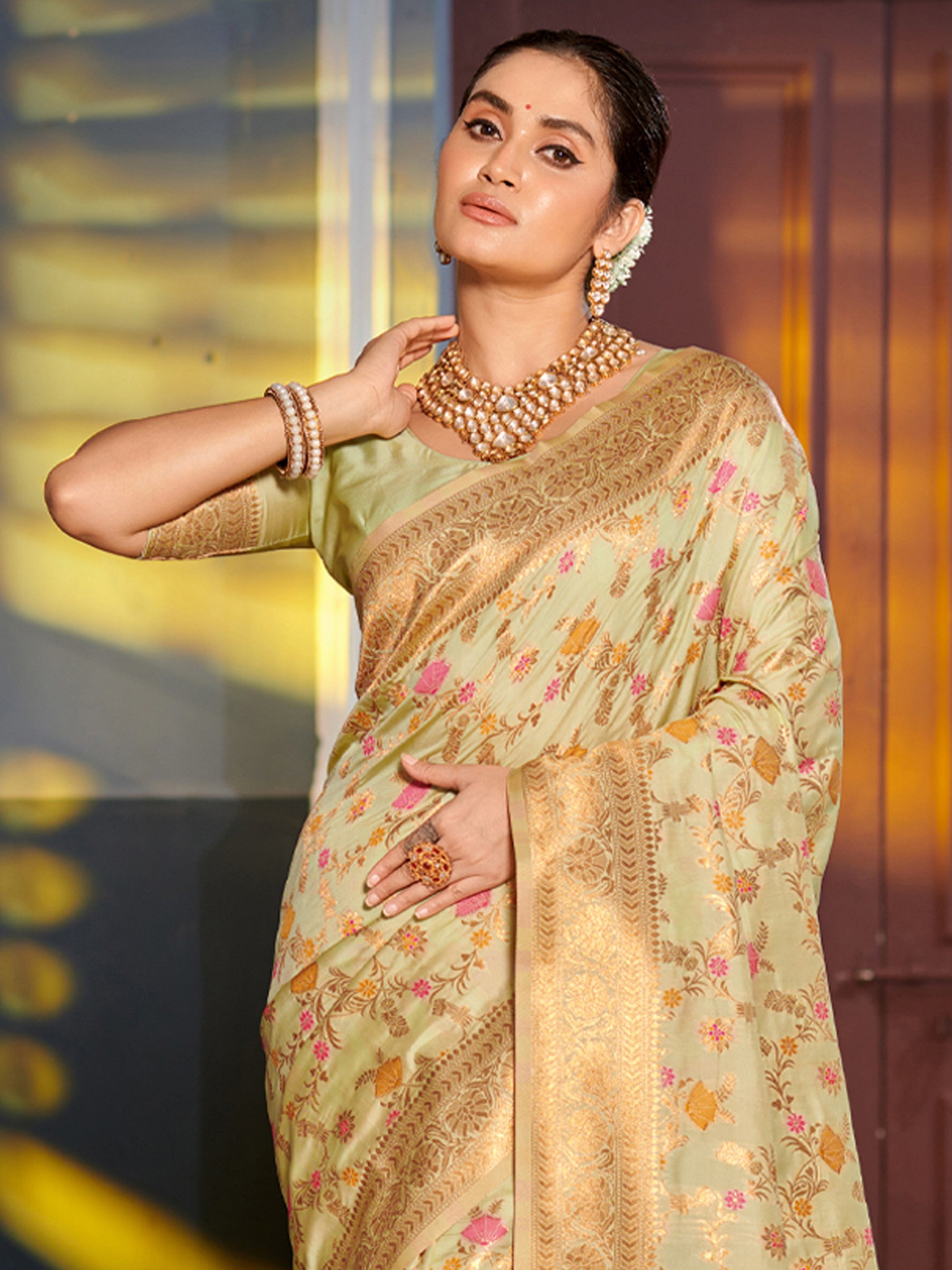 Light Green Woven Jacquard Designer Banarasi Silk Saree For Ethnic Indian Looks