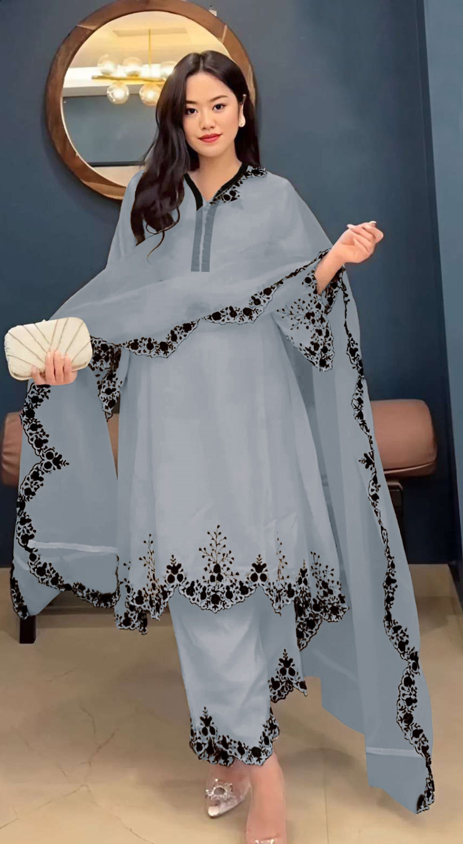 Light Grey Pakistani Salwar Suit With Heavy Embroidery Work