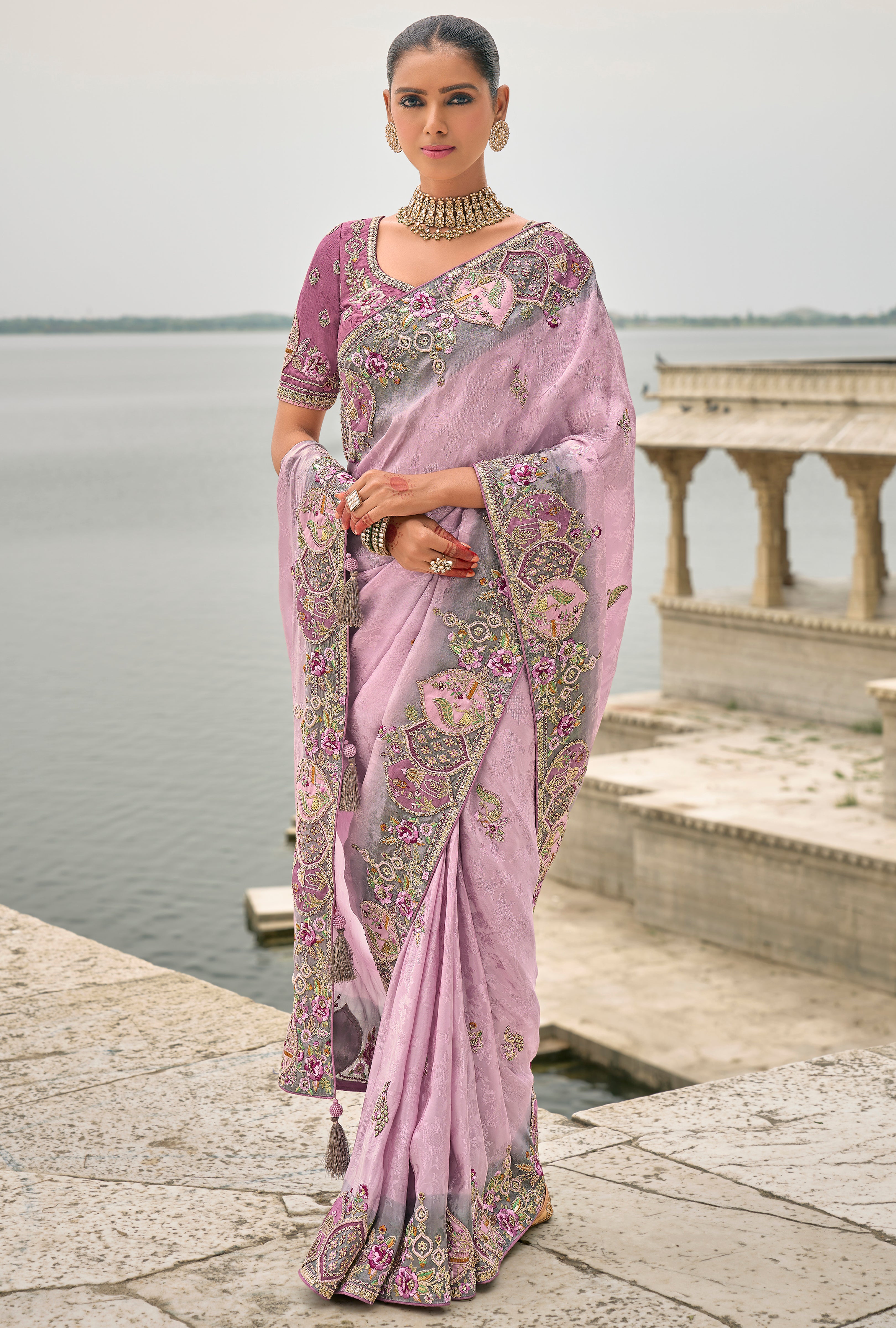 Light Lavender Jacquard Saree With Heavy Thread Embroidery and Sequins Work
