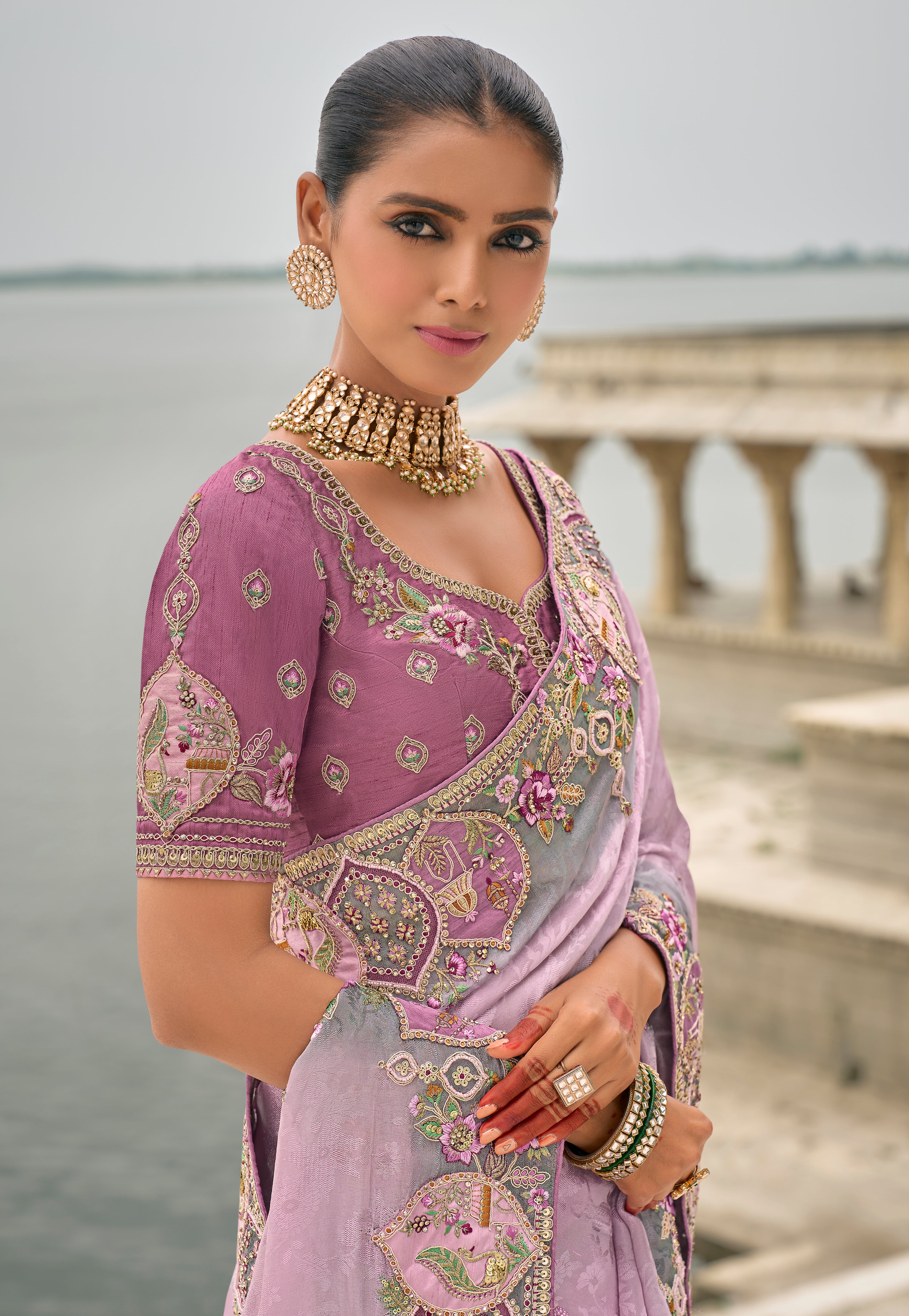 Light Lavender Jacquard Saree With Heavy Thread Embroidery and Sequins Work