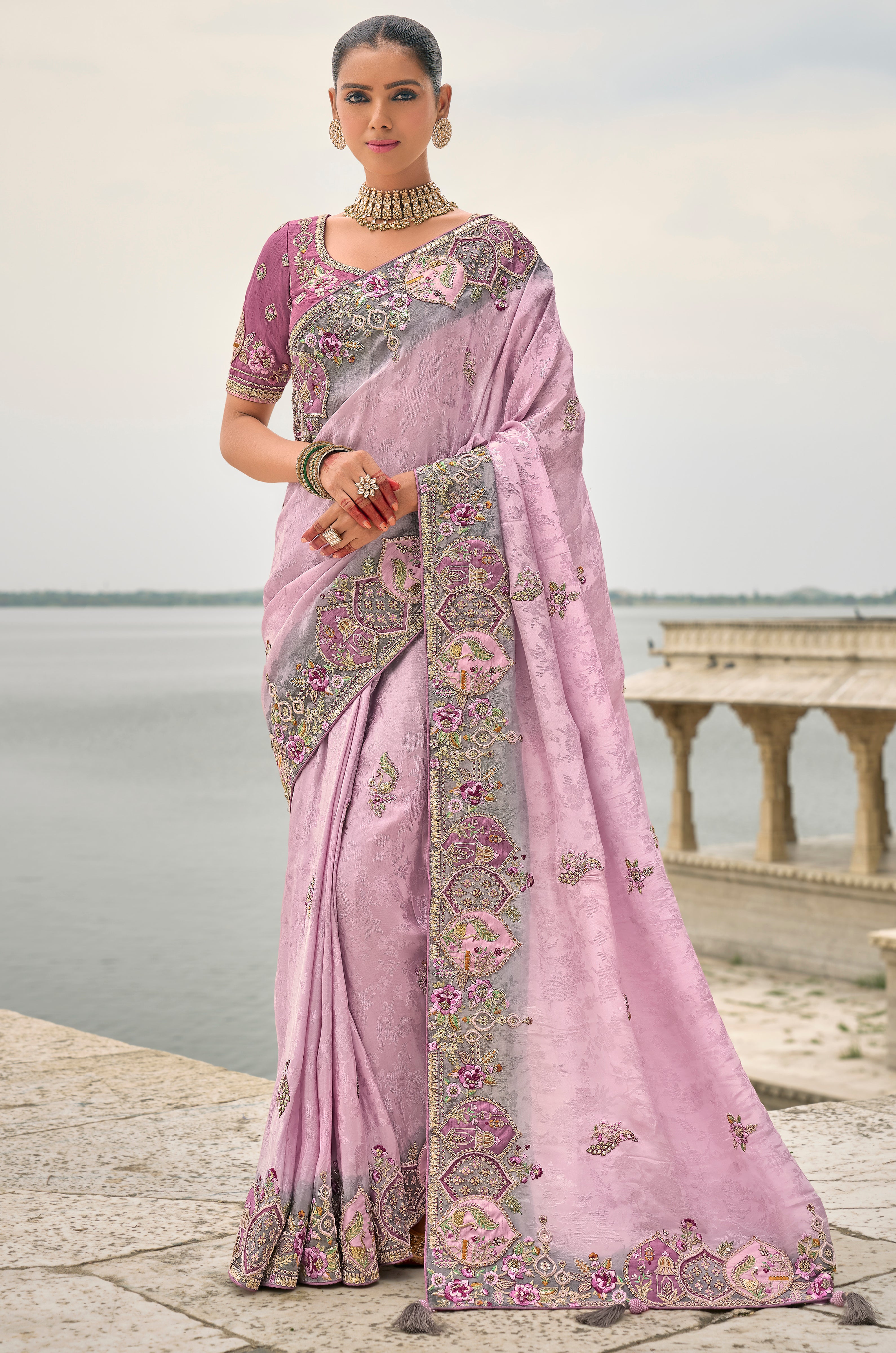 Light Lavender Jacquard Saree With Heavy Thread Embroidery and Sequins Work