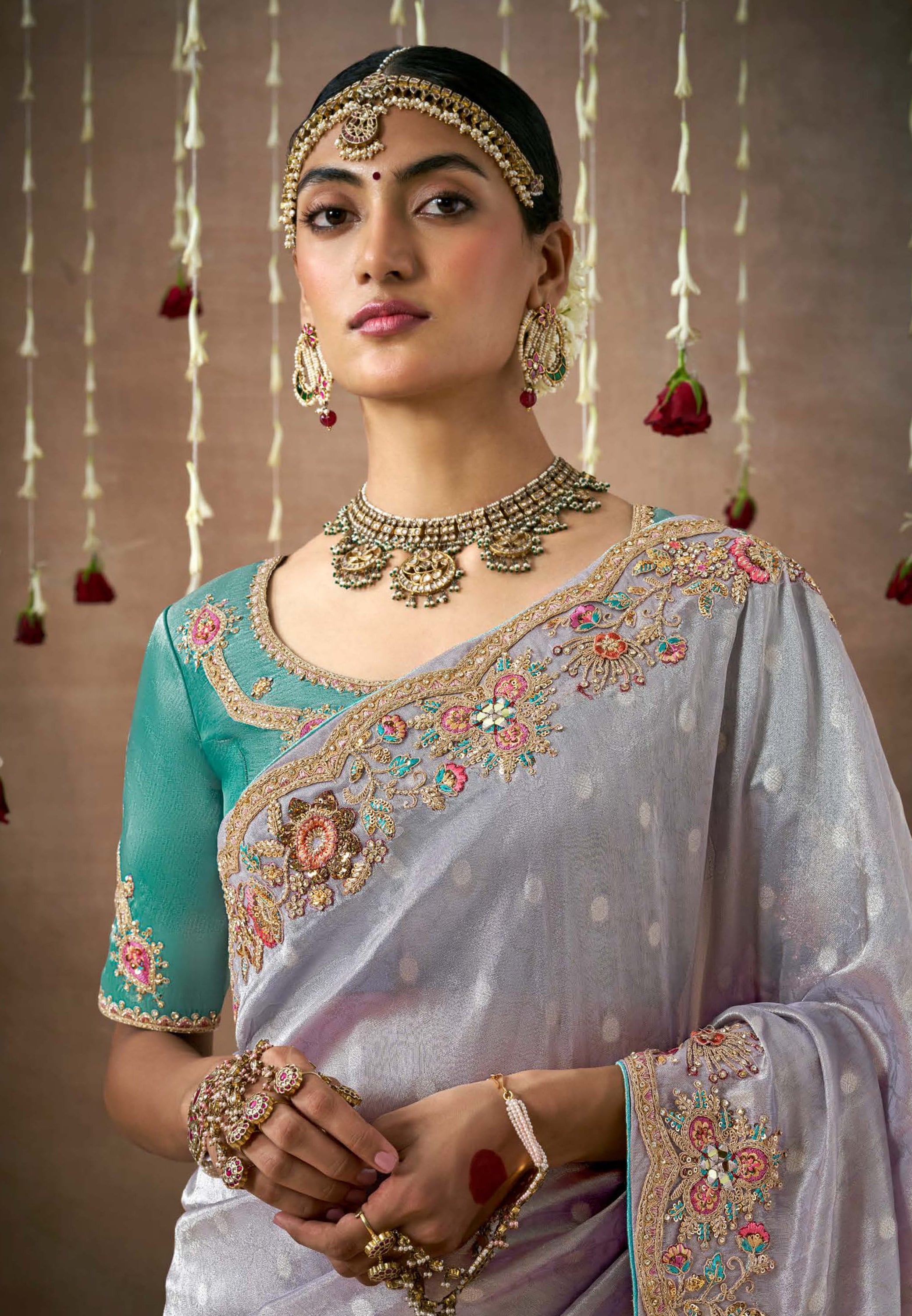 Light Lavender Saree With Jacquard Woven With Heavy Thread Embroidery Sequins Work