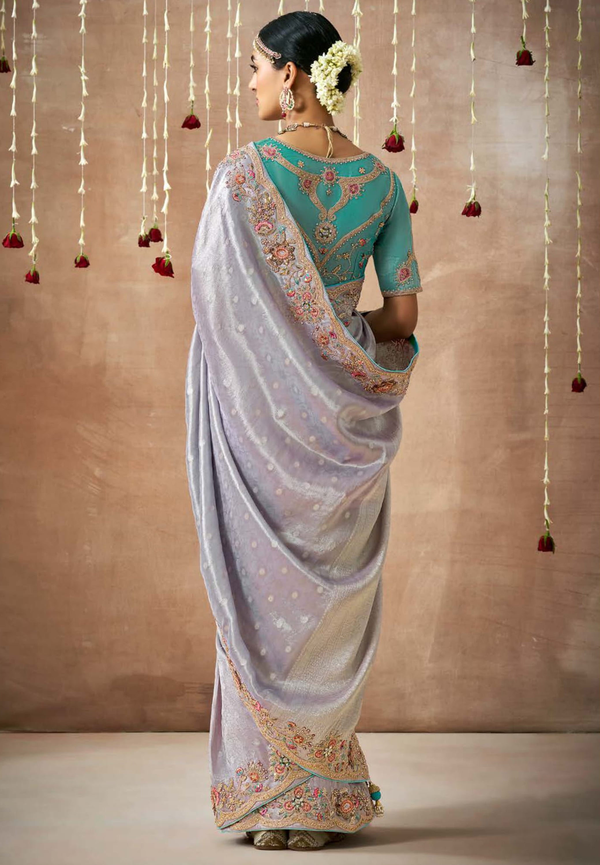 Light Lavender Saree With Jacquard Woven With Heavy Thread Embroidery Sequins Work