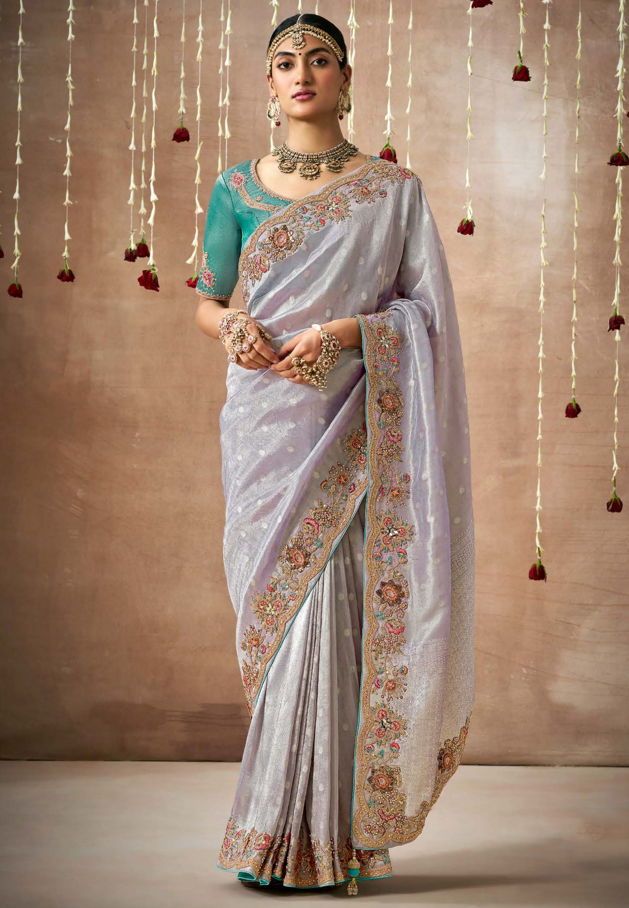 Light Lavender Saree With Jacquard Woven With Heavy Thread Embroidery Sequins Work