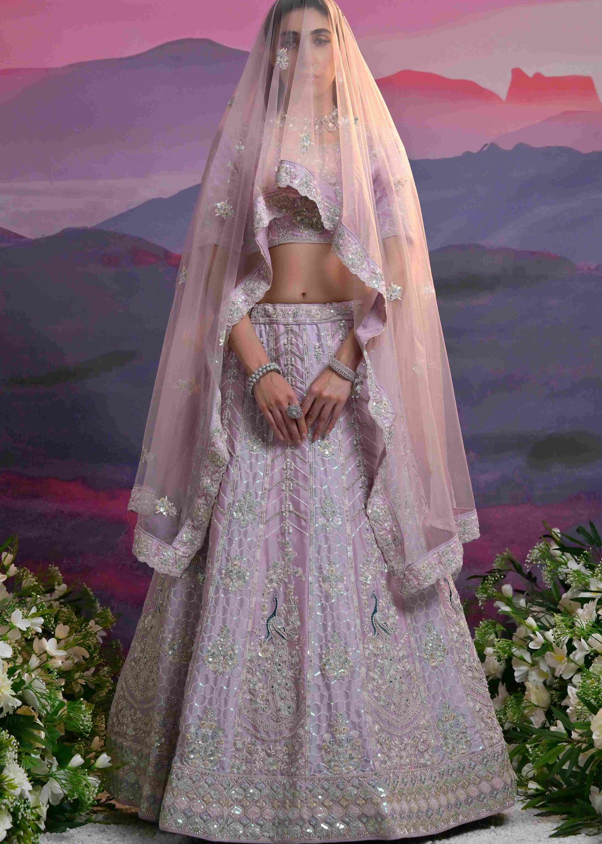 Light Lavender Slim Georgette Lehenga Choli With Heavy Thread Embroidery, Zari With Sequins Work
