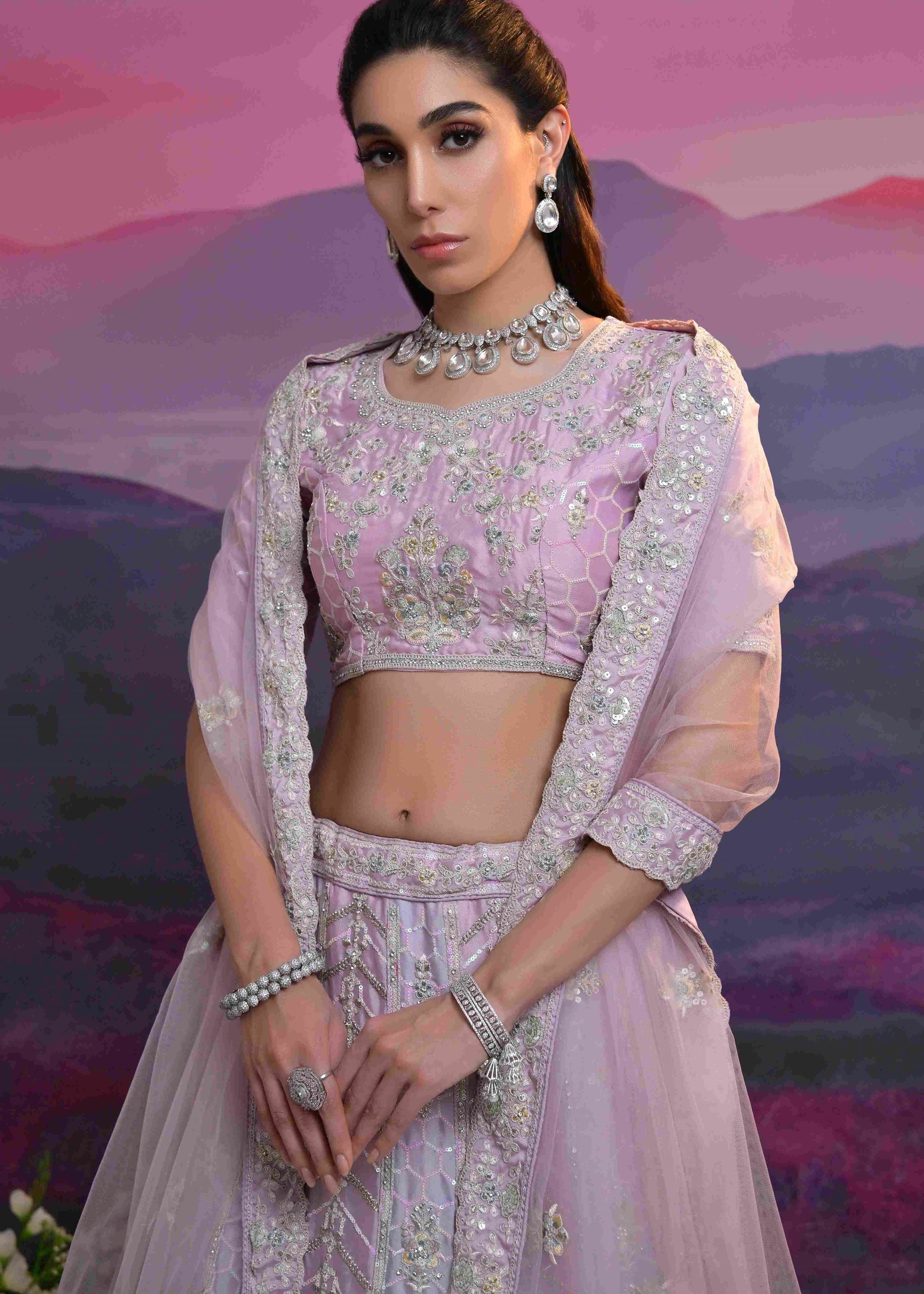 Light Lavender Slim Georgette Lehenga Choli With Heavy Thread Embroidery, Zari With Sequins Work