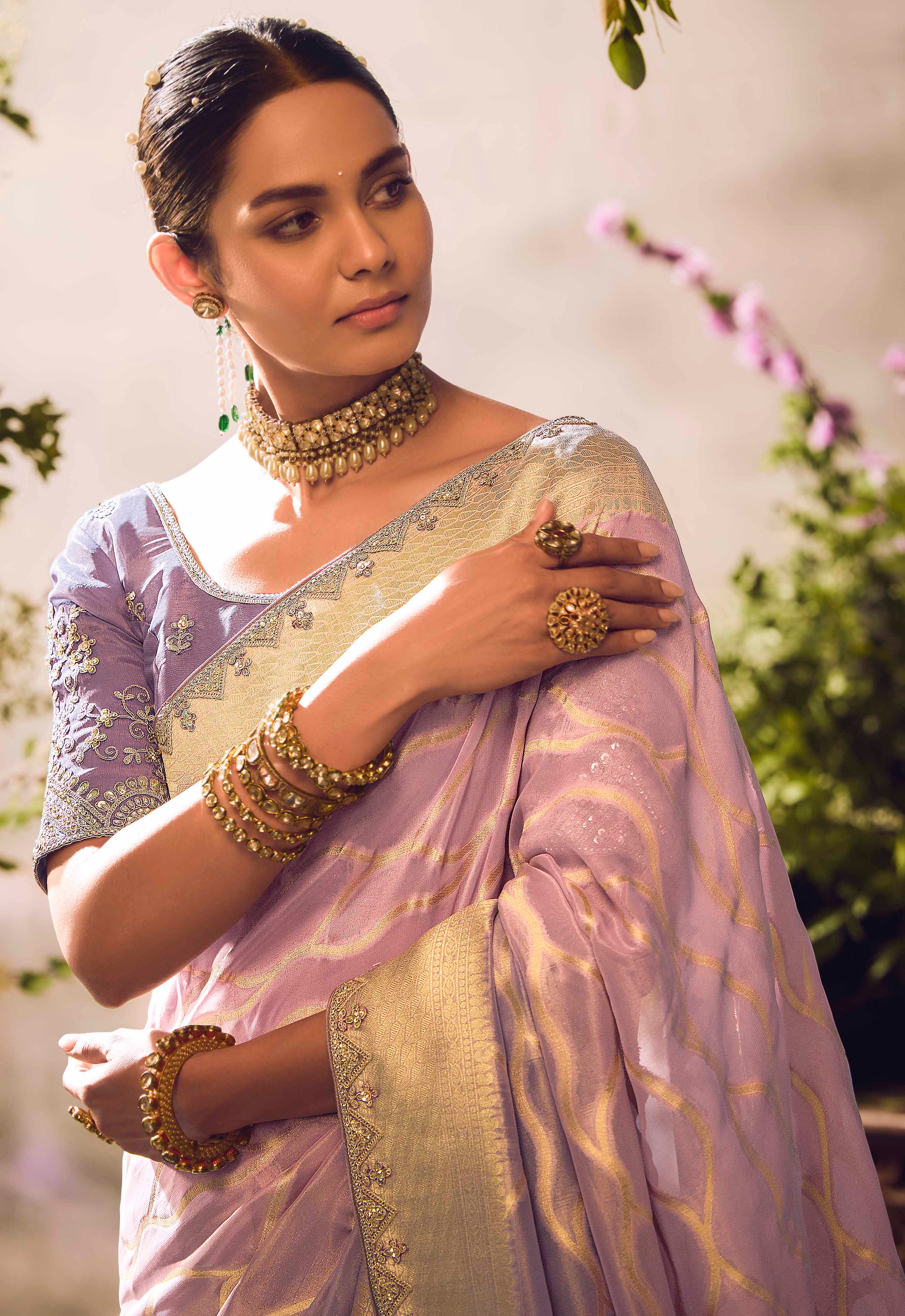 Light Mauve Saree With Jacquard Woven Work with Embroidered Lace Border