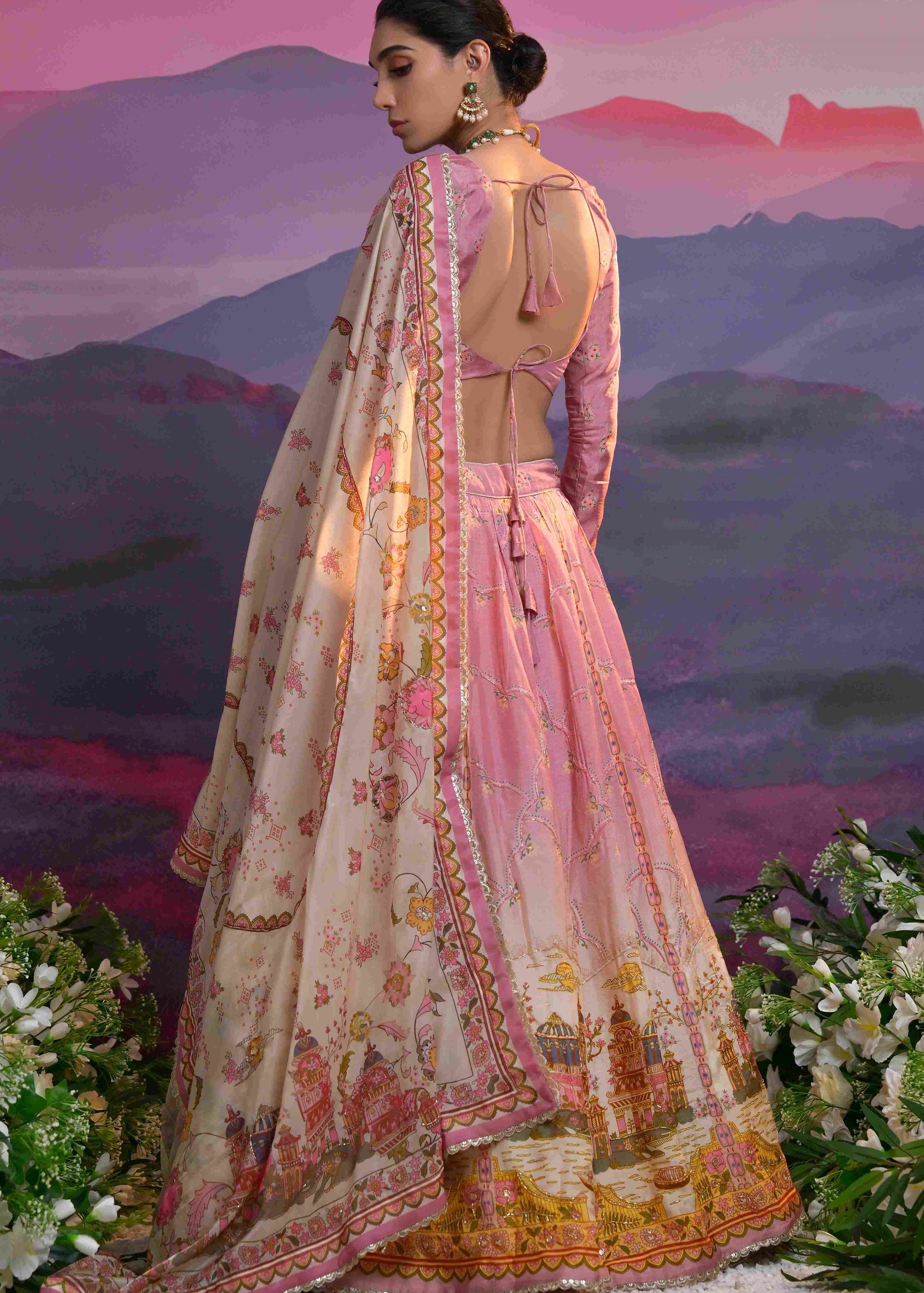 Light Mauve Viscose Russian Lehenga Choli With Print With Zardosi, Cutdana, Sequins With Gota Patti Work