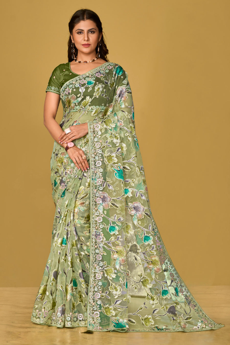 Light Olive Soft Organza Brasso Saree With Printed Saree With Piping, Embroidery Sequins Work