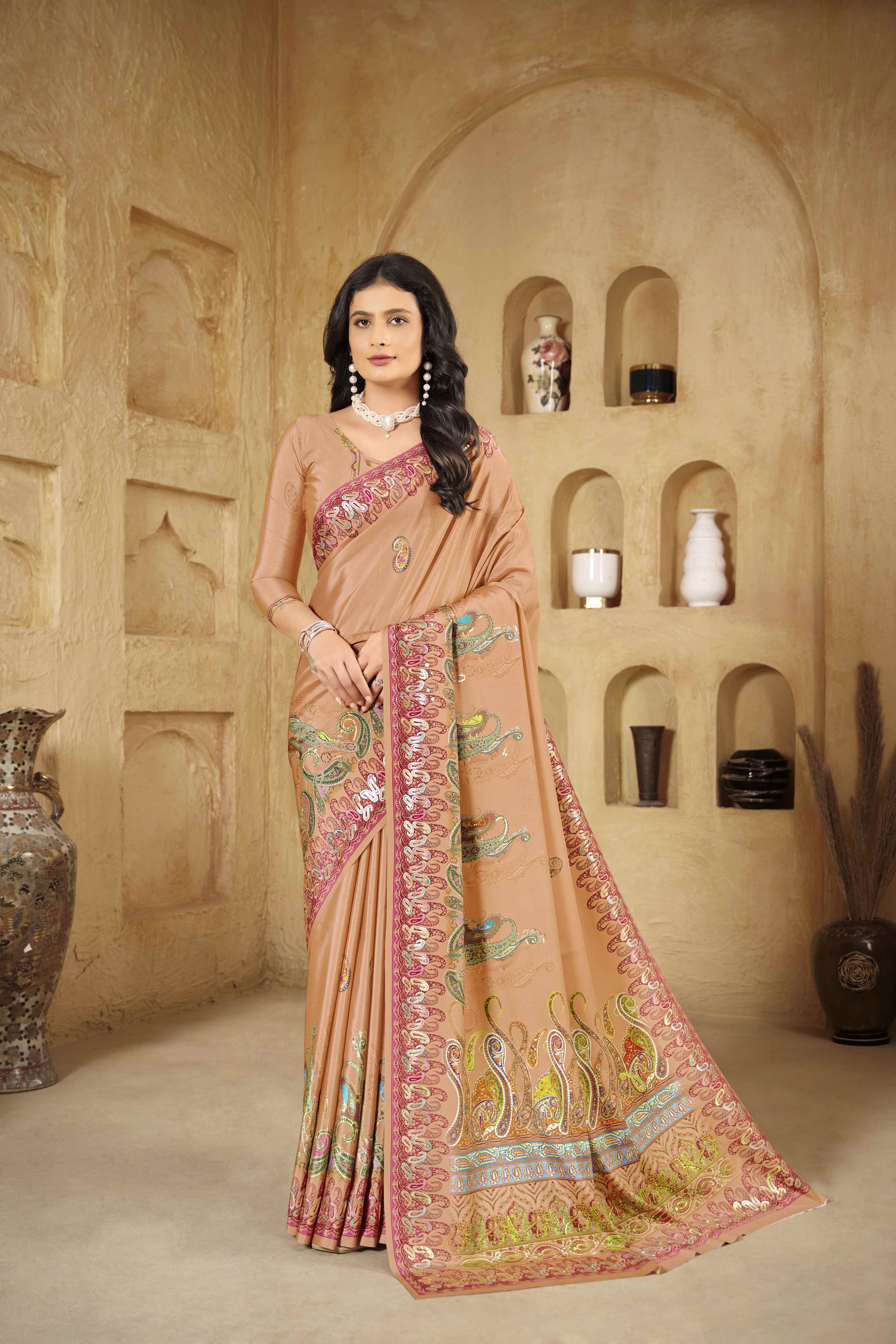 Light Peach Designer Position Digital Foil Printed Crepe Silk Ethnic Festive Saree