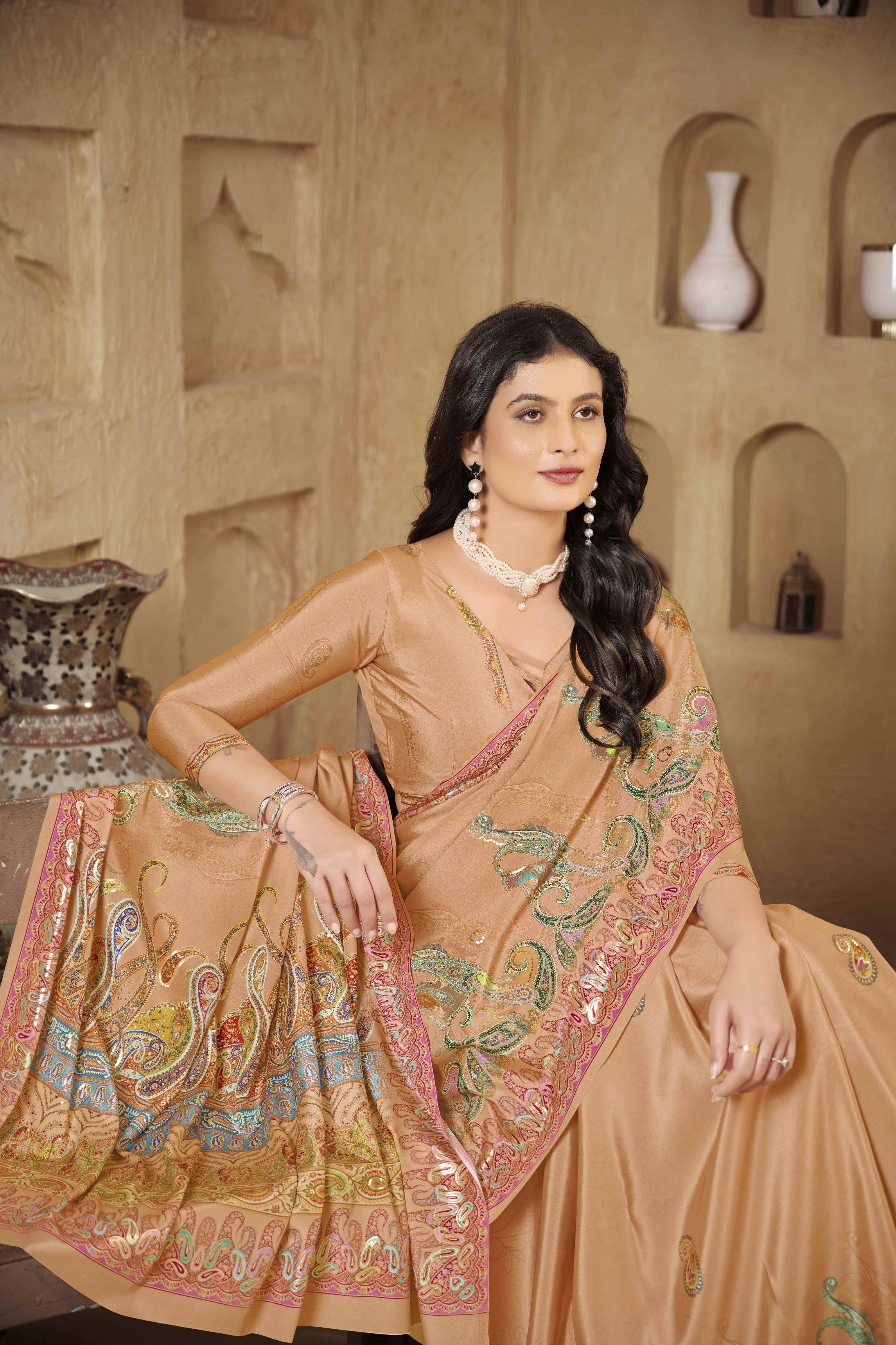 Light Peach Designer Position Digital Foil Printed Crepe Silk Ethnic Festive Saree