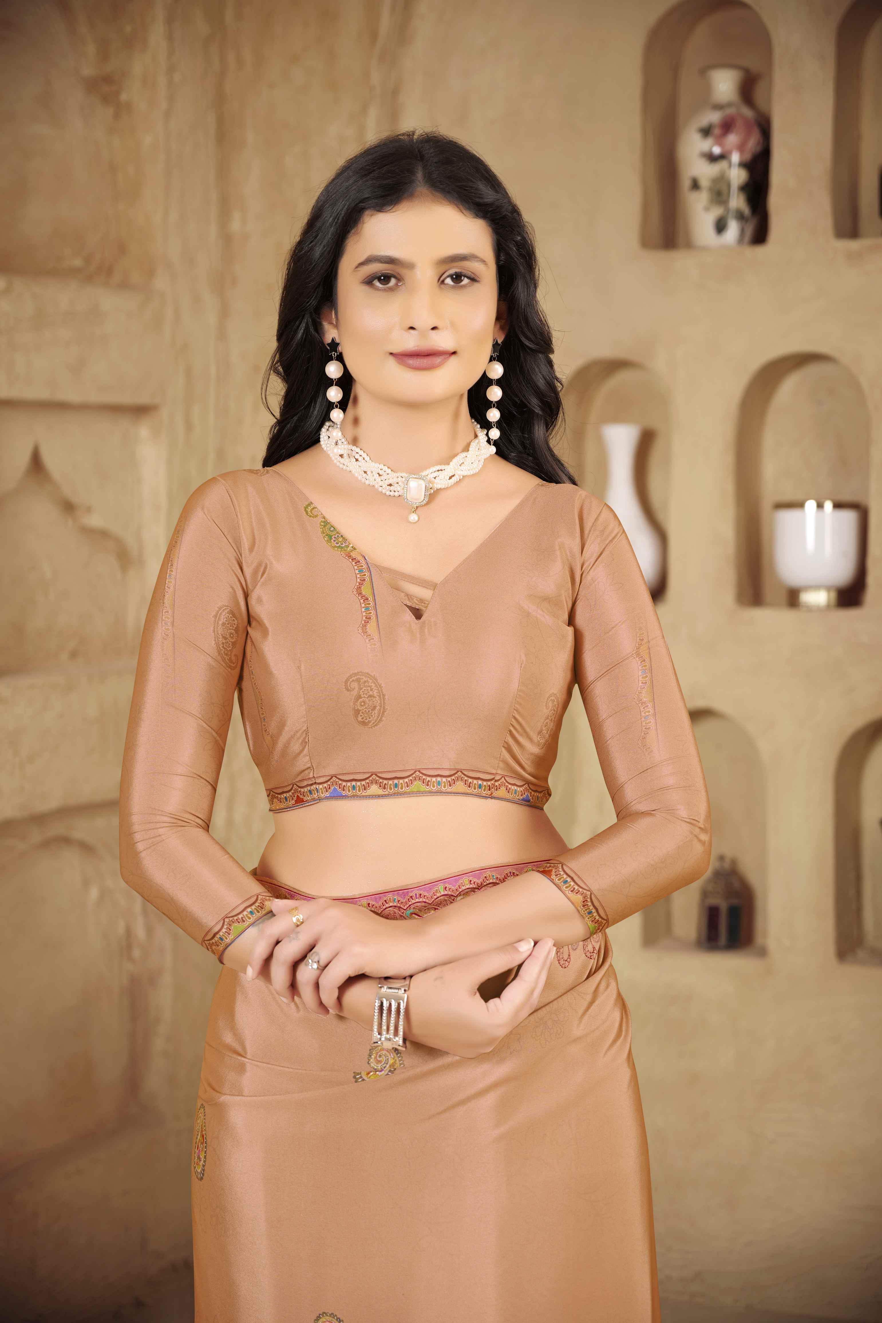 Light Peach Designer Position Digital Foil Printed Crepe Silk Ethnic Festive Saree