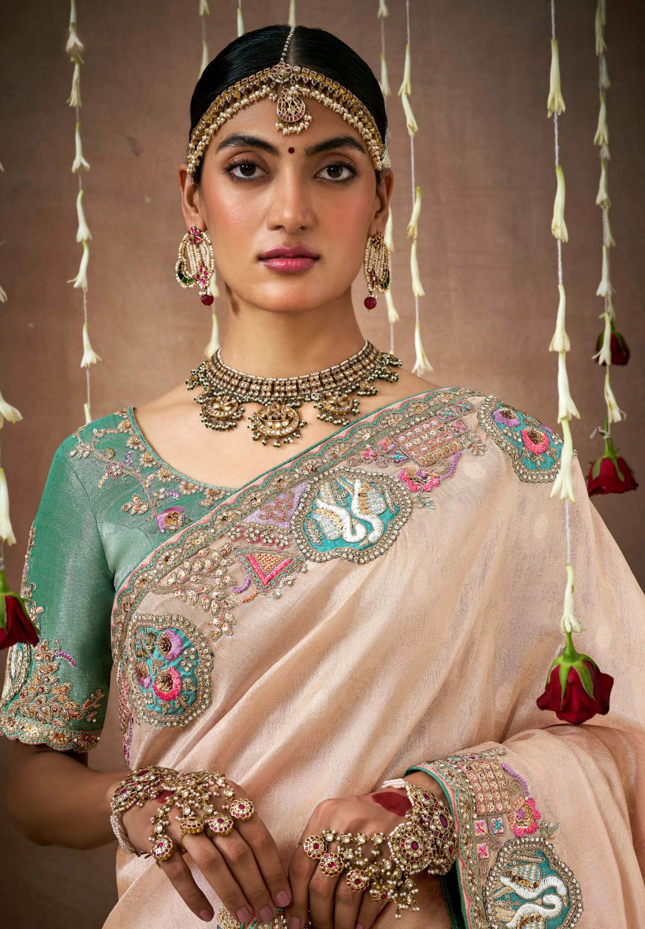 Light Peach Saree With Jacquard Woven With Heavy Thread Embroidery Sequins Work