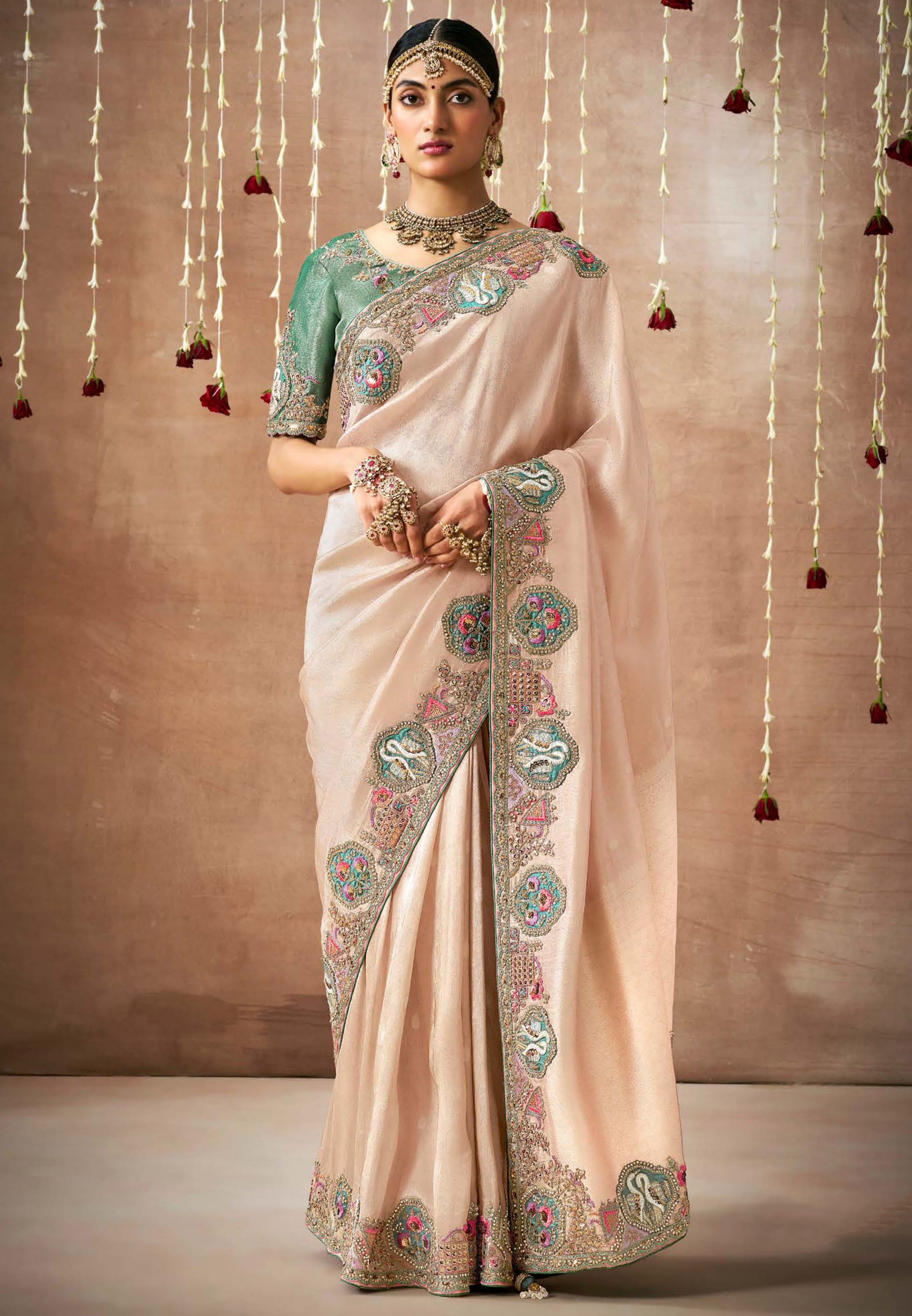 Light Peach Saree With Jacquard Woven With Heavy Thread Embroidery Sequins Work