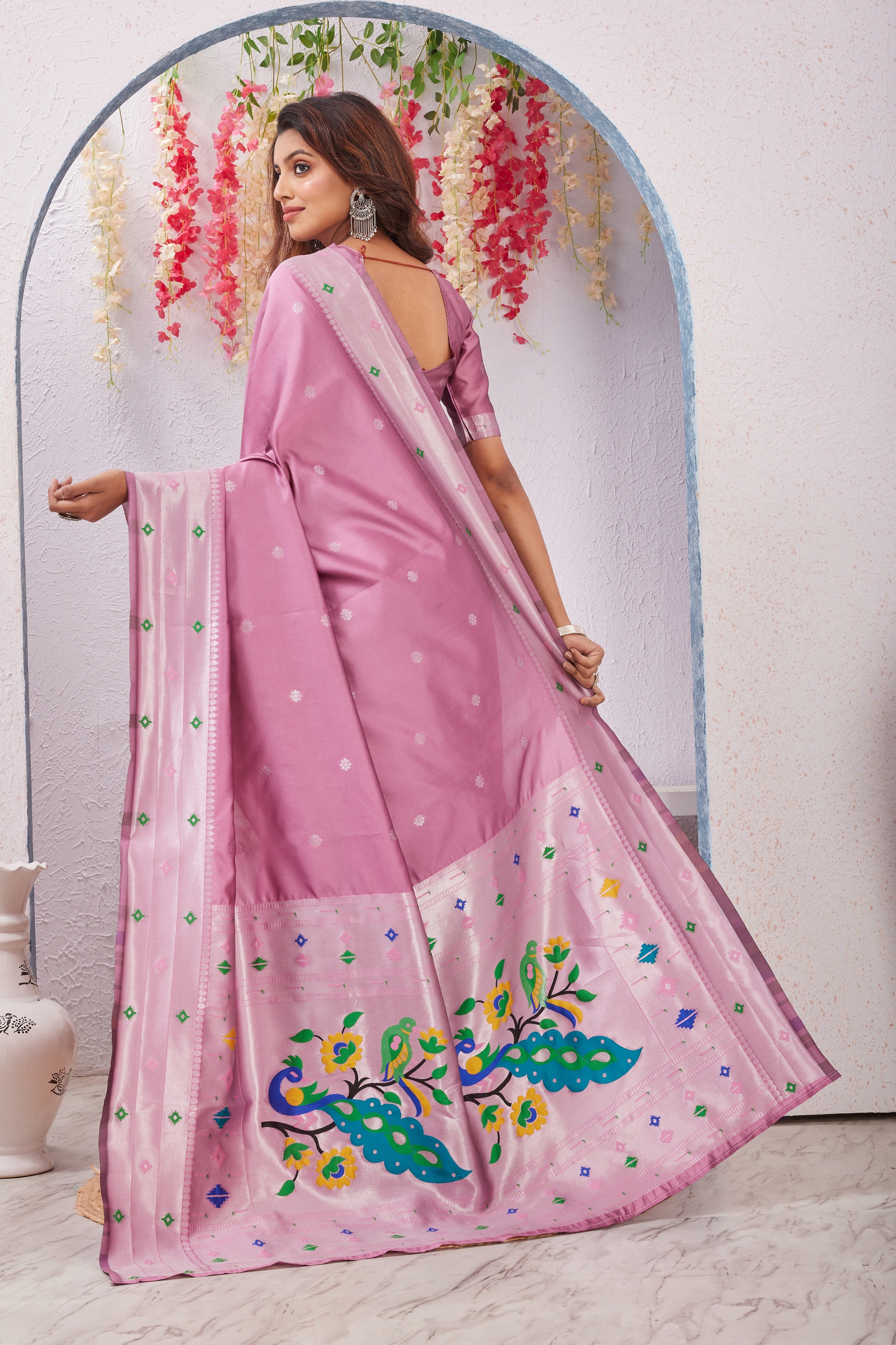 Light Pink Banarasi Silk Saree with Peacock Motif, Rich Pallu & Jacquard Jari Work