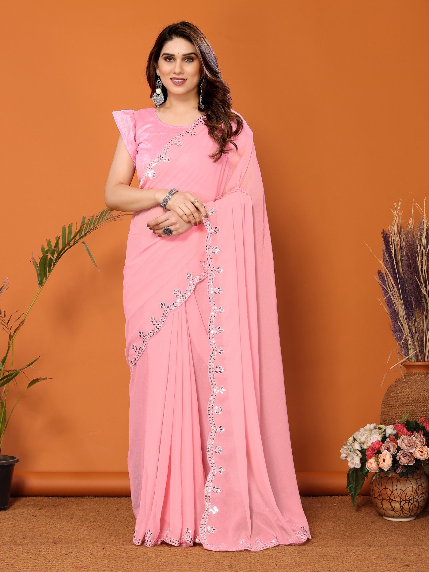 Light Pink Georgette Saree with Mirror Work