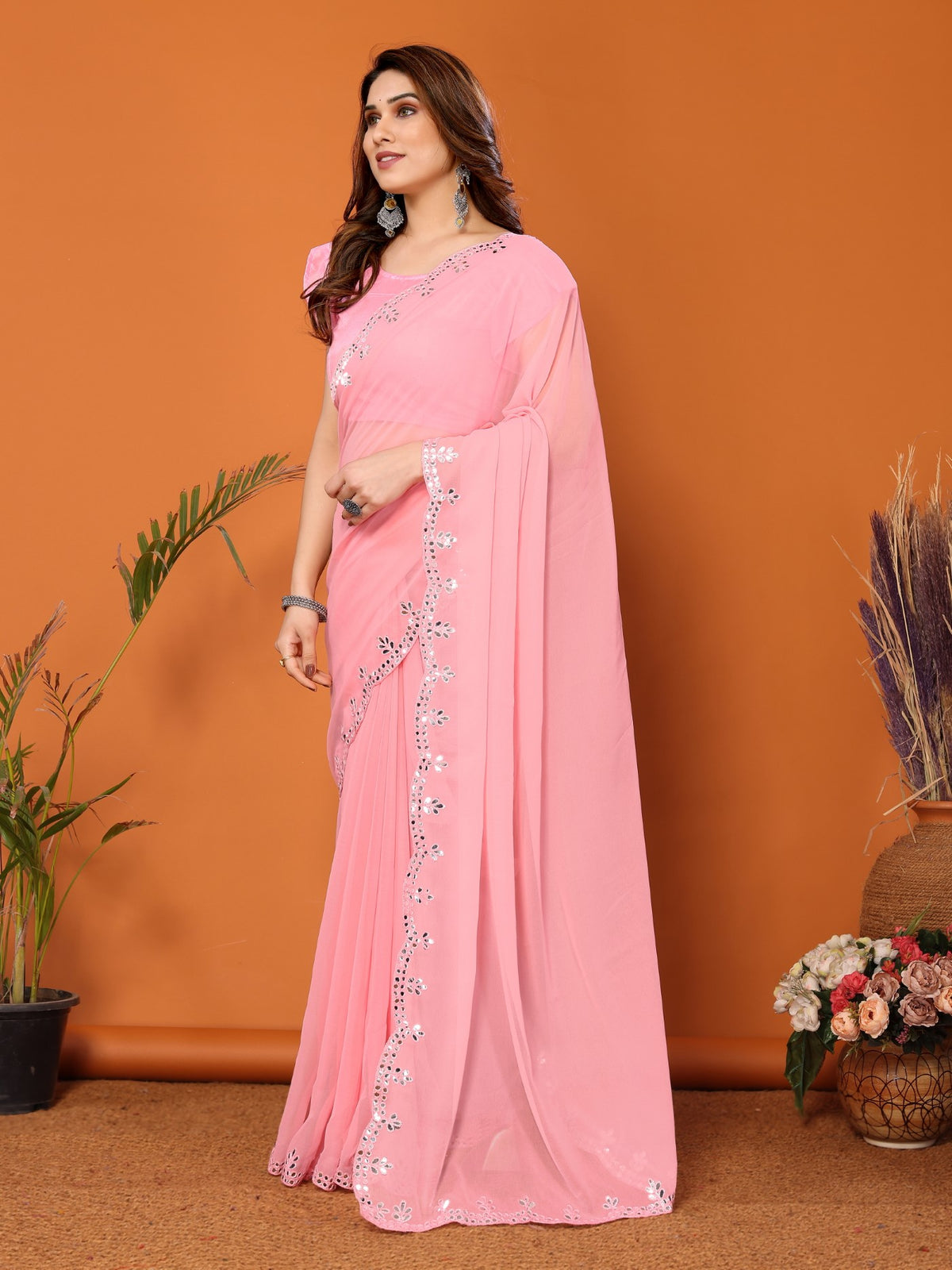 Light Pink Georgette Saree with Mirror Work