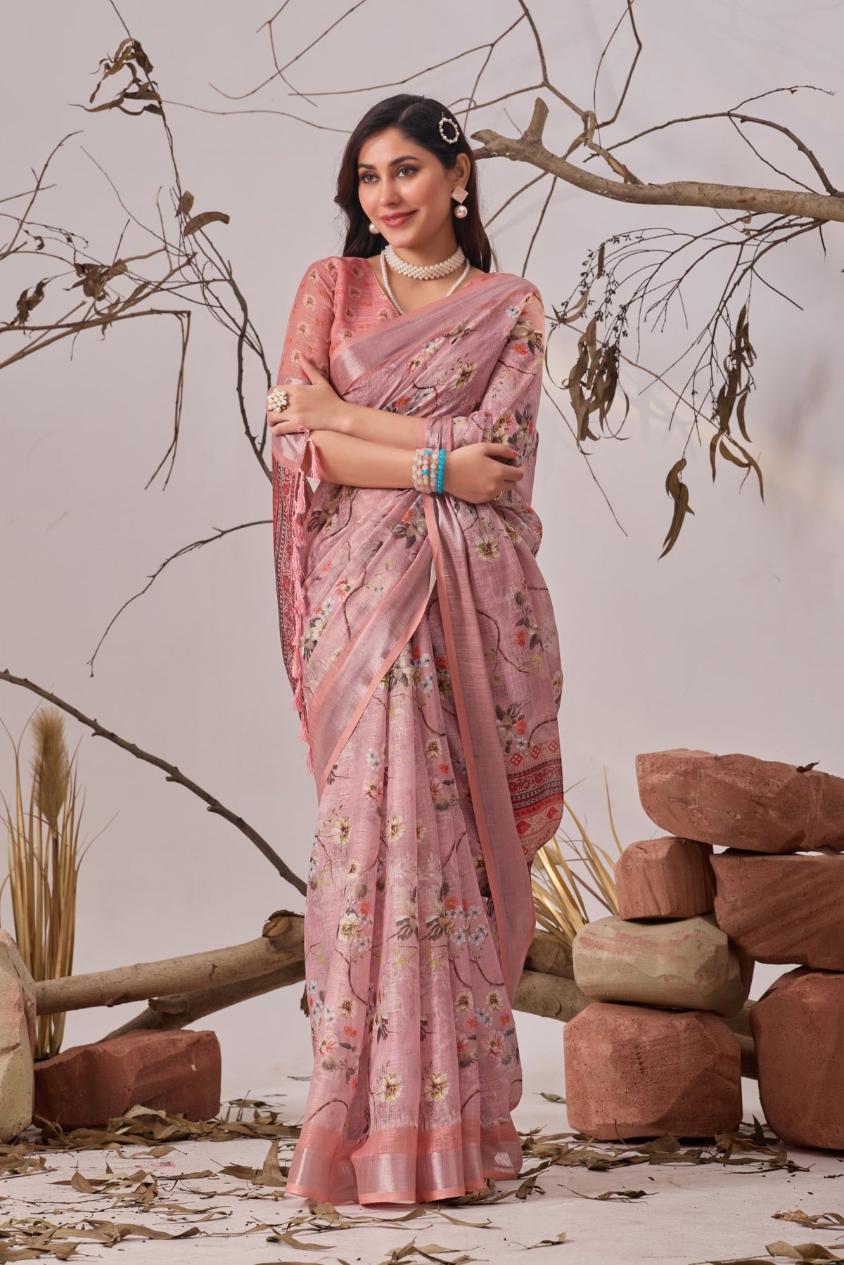 Light Pink Linen Cotton Saree with Digital Print