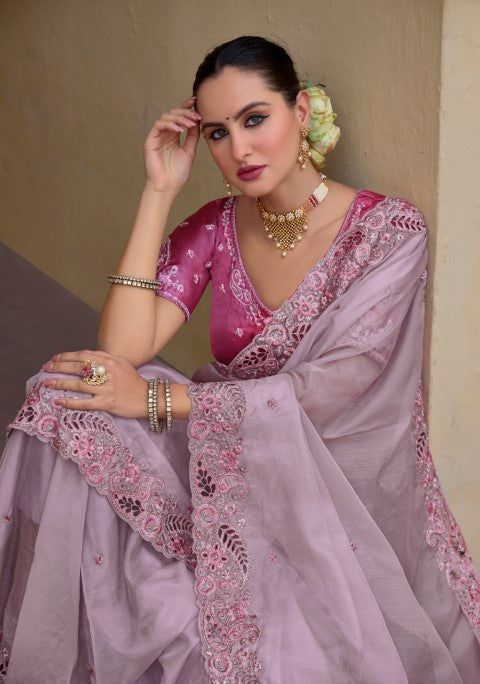 Light Pink Organza Silk Saree With Heavy Thread Embroidery With Sequins Work