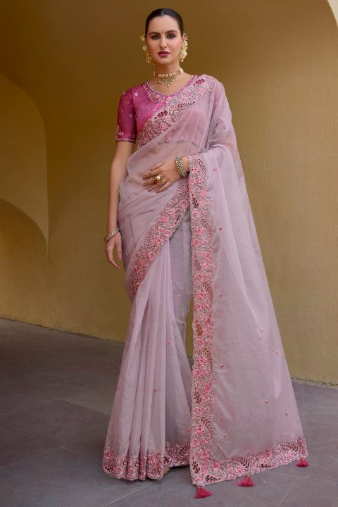 Light Pink Organza Silk Saree With Heavy Thread Embroidery With Sequins Work
