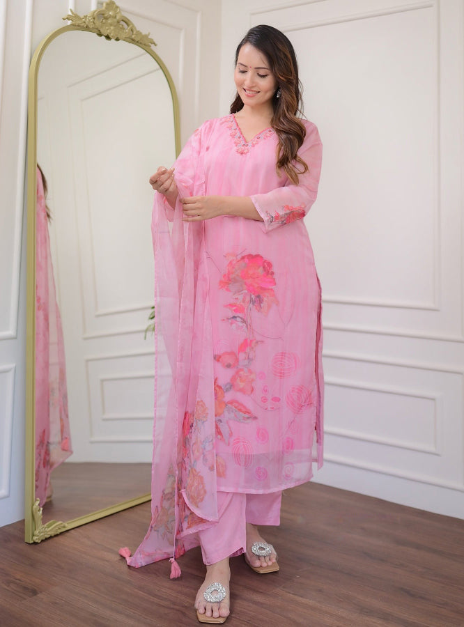 Light Pink Premium Organza Kurta Pant With Printed With Thread Embroidery Work