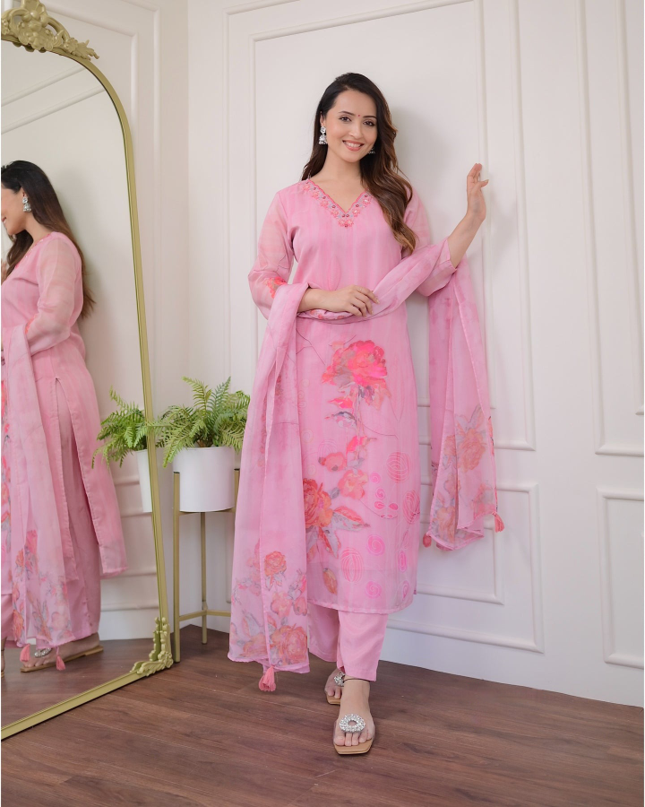 Light Pink Premium Organza Kurta Pant With Printed With Thread Embroidery Work
