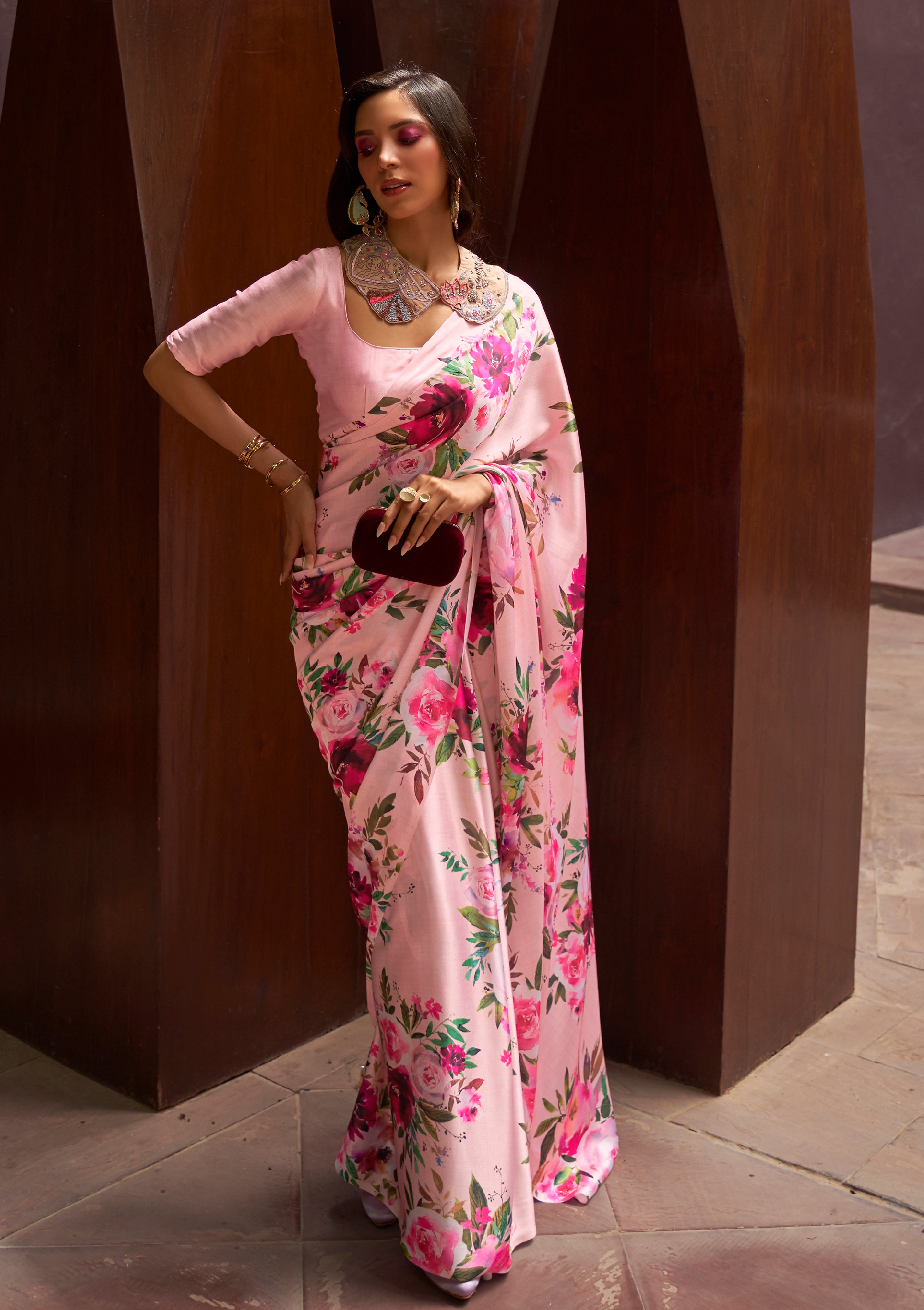 Light Pink Satin Crepe Saree With Digital Printed Work