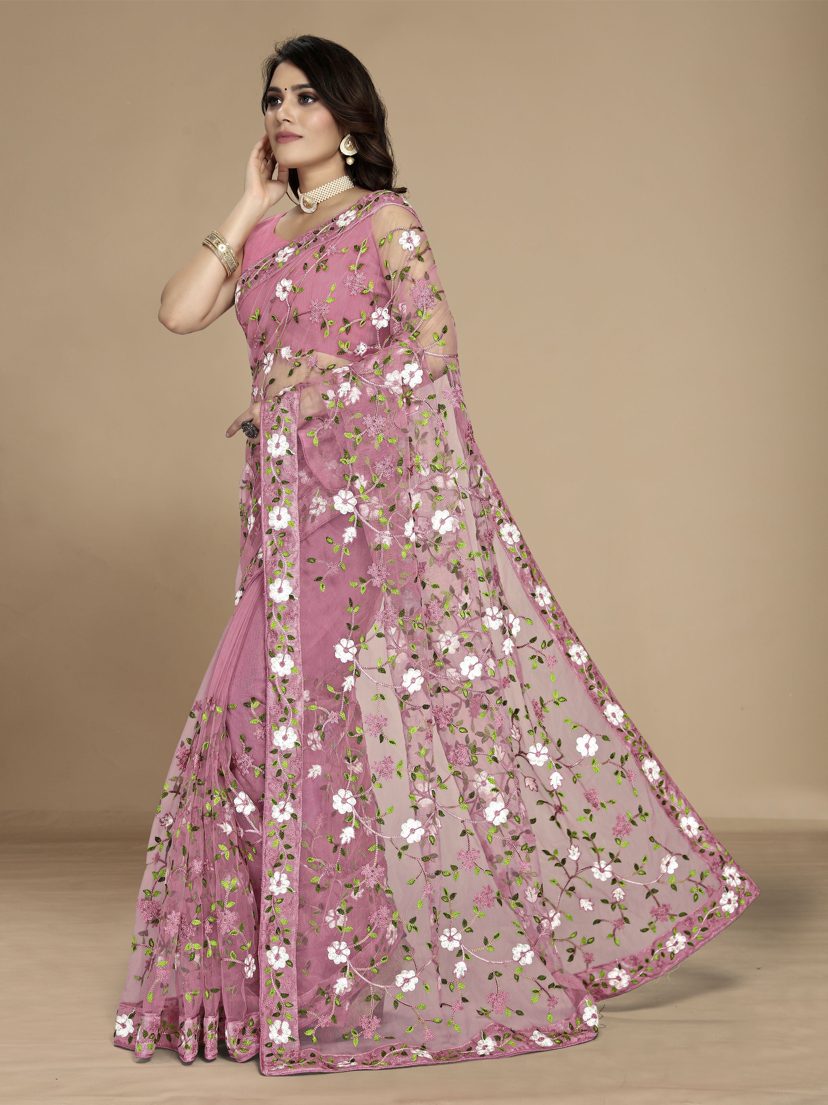Light Pink Soft Net Designer Multy Thread Embroidery Work Smart Partywear Saree