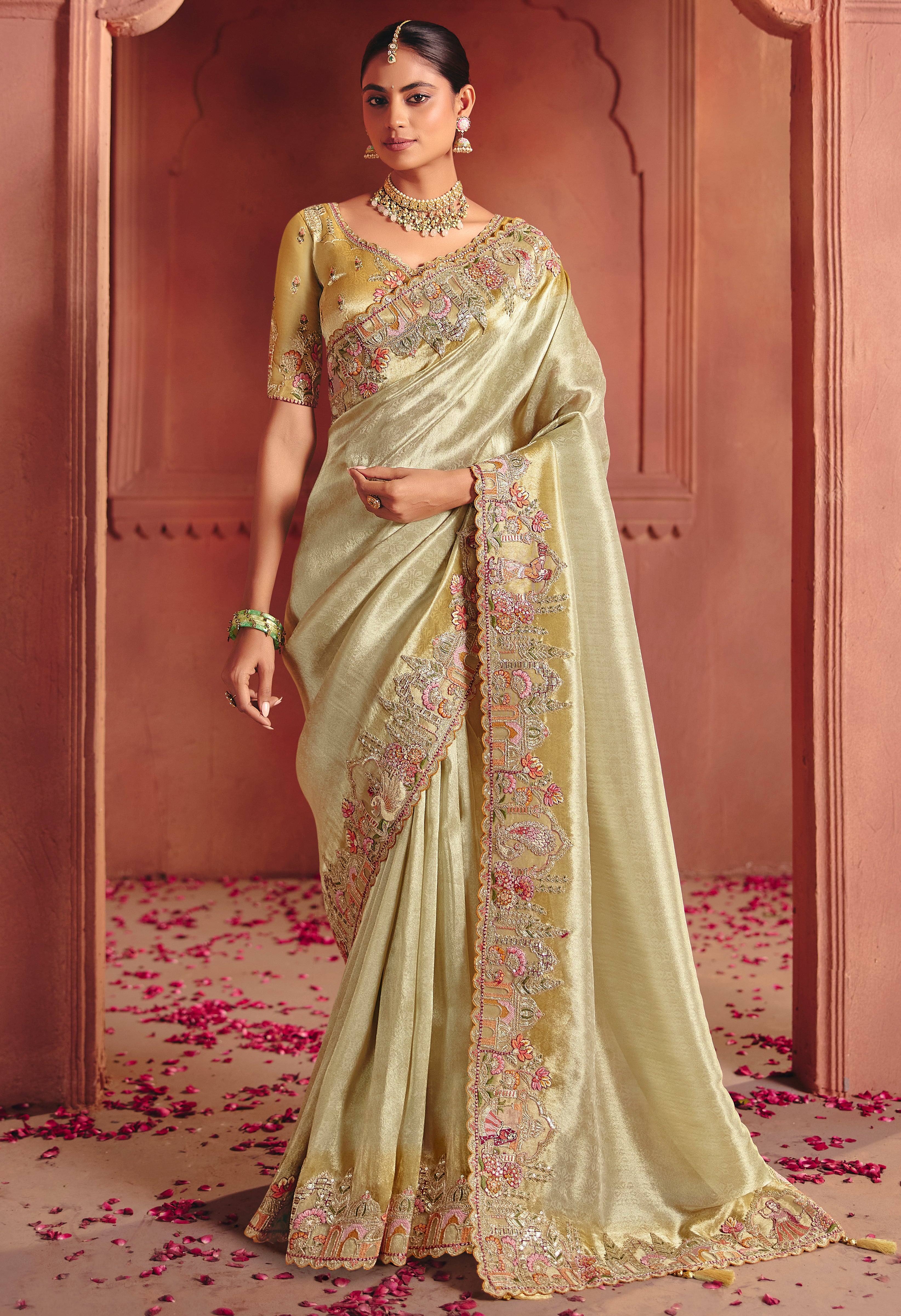 Light Pista Saree With Sequin, Thread, Weaving Heavy Embroidery Work With Heavy Embroidery Work Blouse