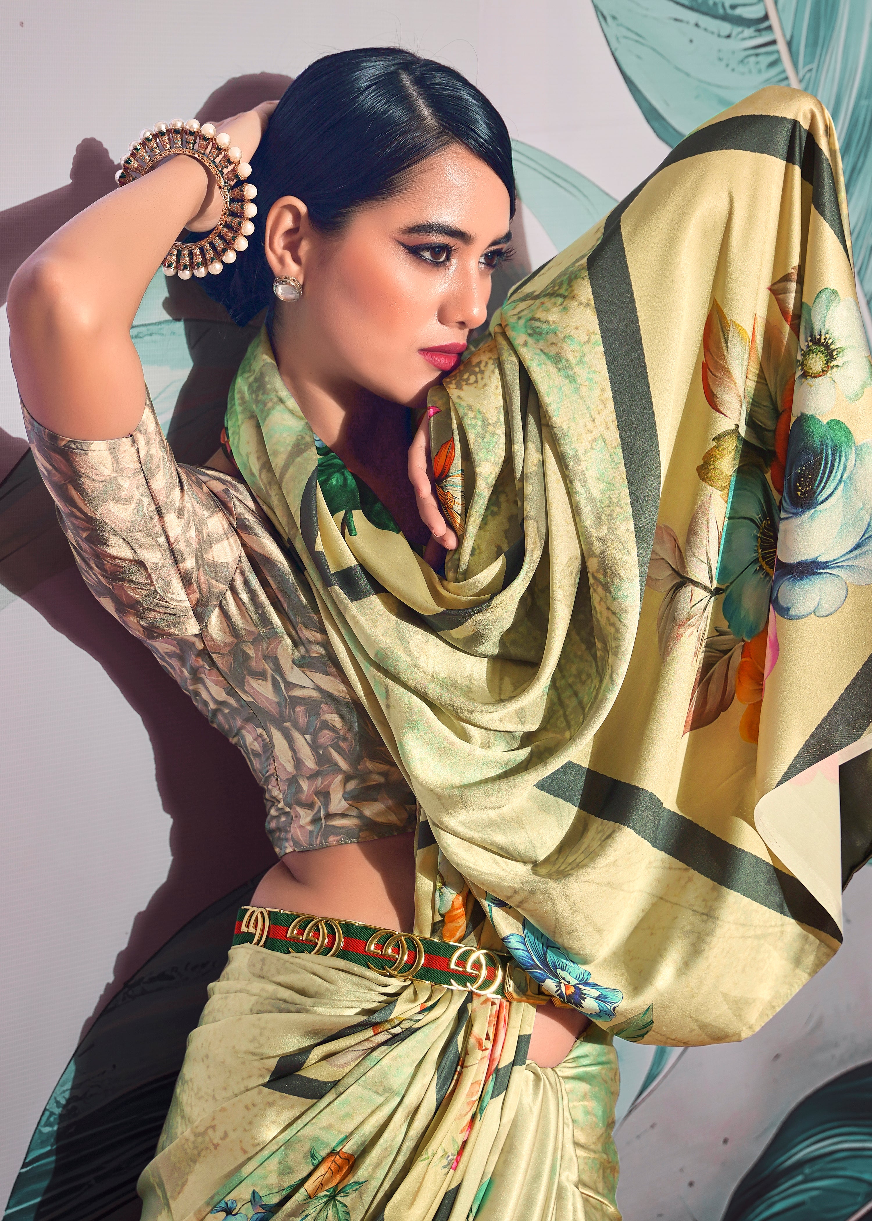 Light Pista Satin Crepe Saree With Digital Print