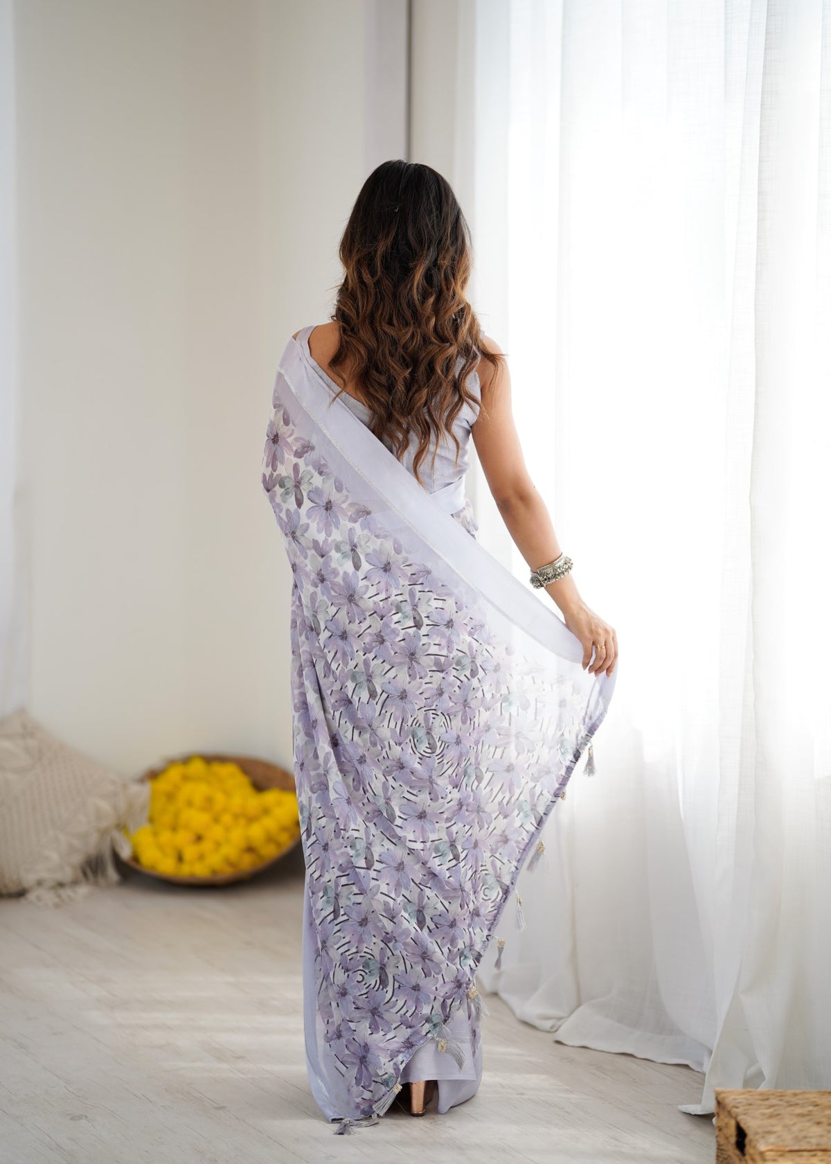 Light Purple Bright Moss Satin Patta Saree With Printed Design