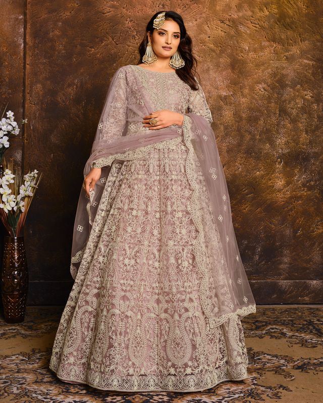 Light Purple Net Heavy Thread Embroidery Work Anarkali Suits