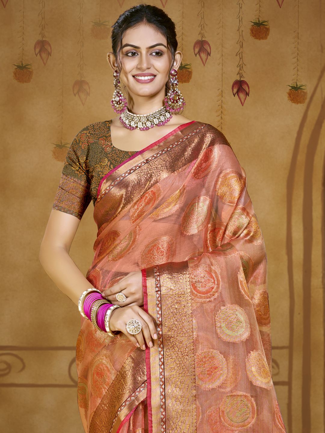 Light Red color Organza Silk Saree