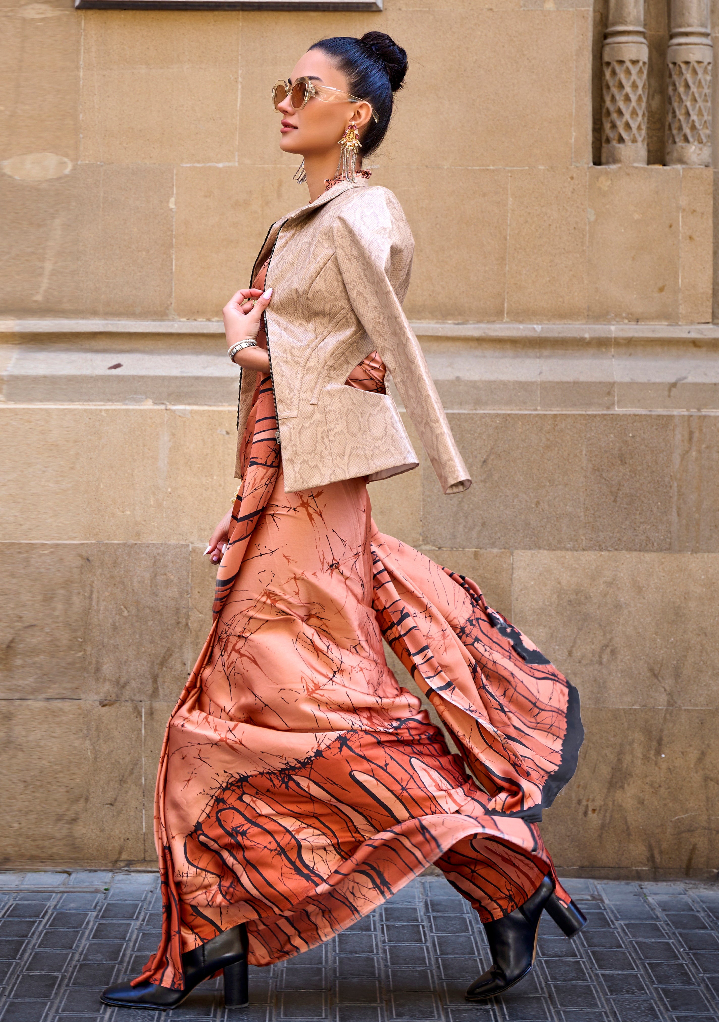 Light Rust Japan Satin Crape Saree with Printed Work