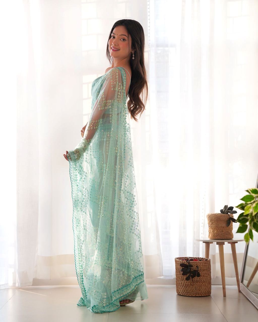 Light Sky Colour Butter Fly Net Heavy Work Saree