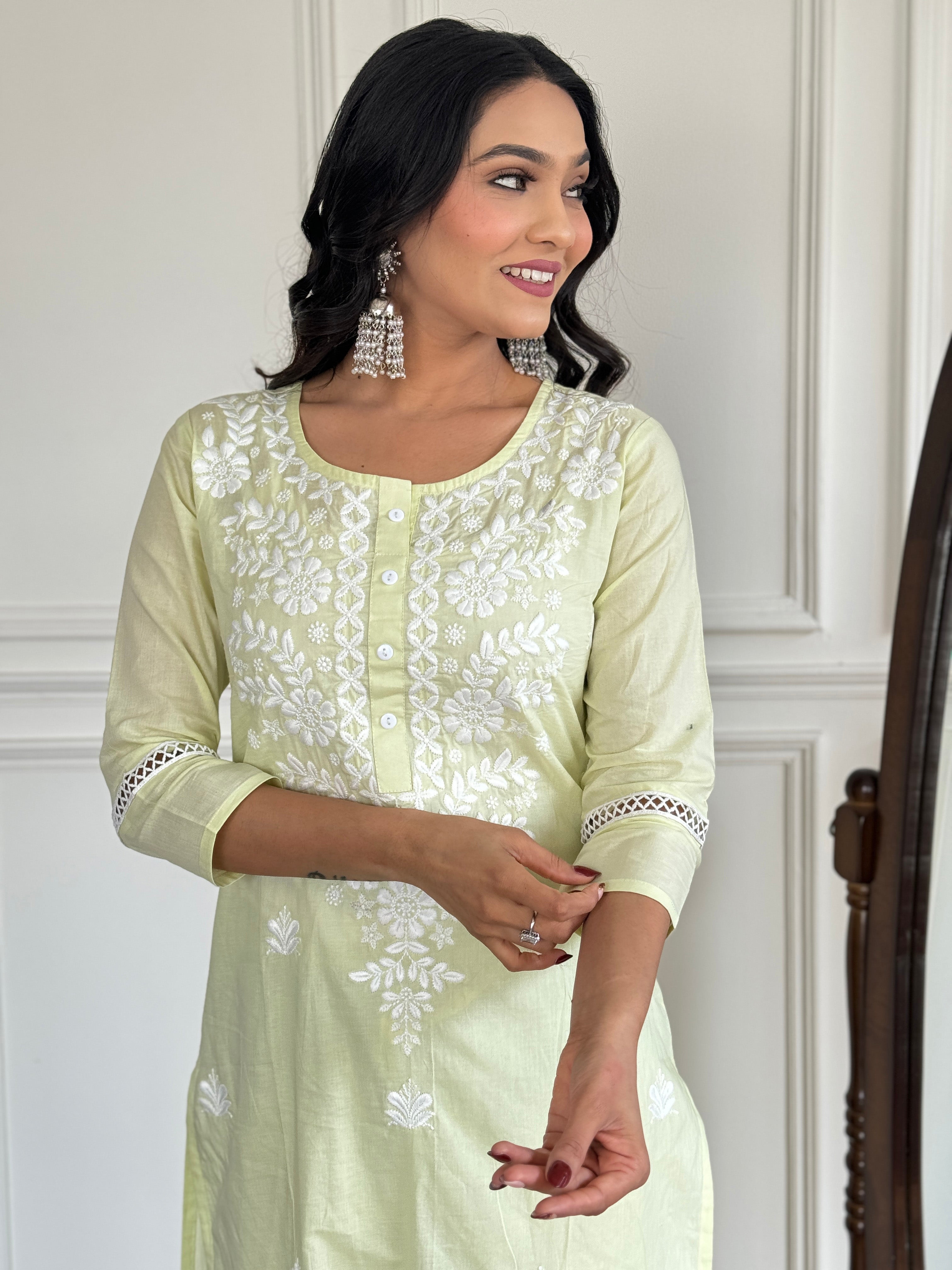 Light Yellow Cotton Elegant Kurta Pant Set With Chikankari Work