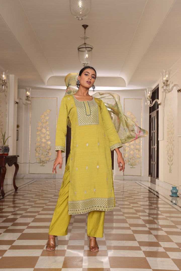 Light Yellow Cotton Silk Designer Suit Set With Handcrafted Embroidery