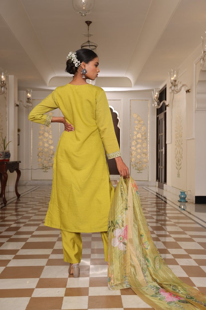 Light Yellow Cotton Silk Designer Suit Set With Handcrafted Embroidery