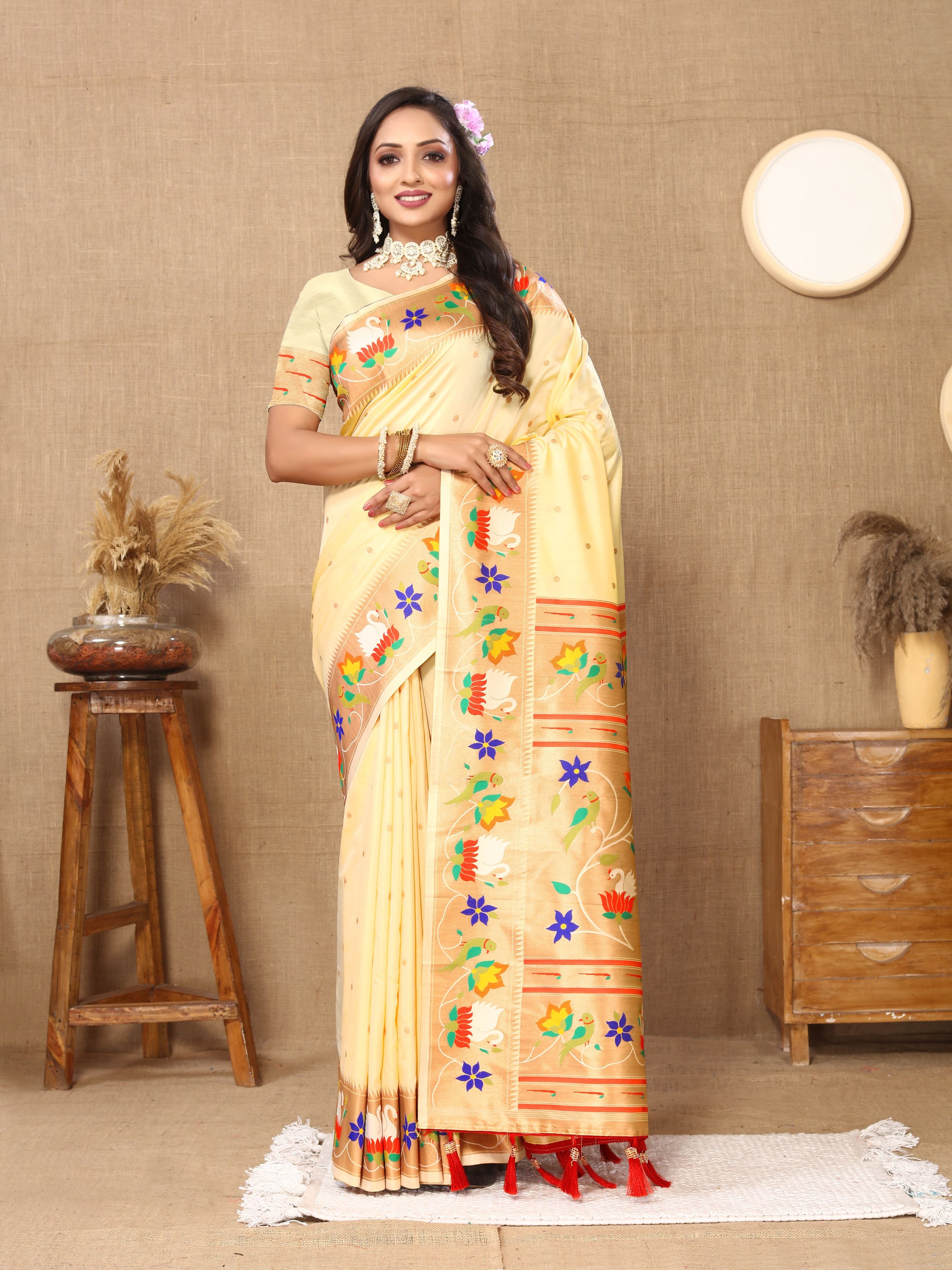 Light Yellow Paithani Silk Woven Meenakari Paithani Designer Saree