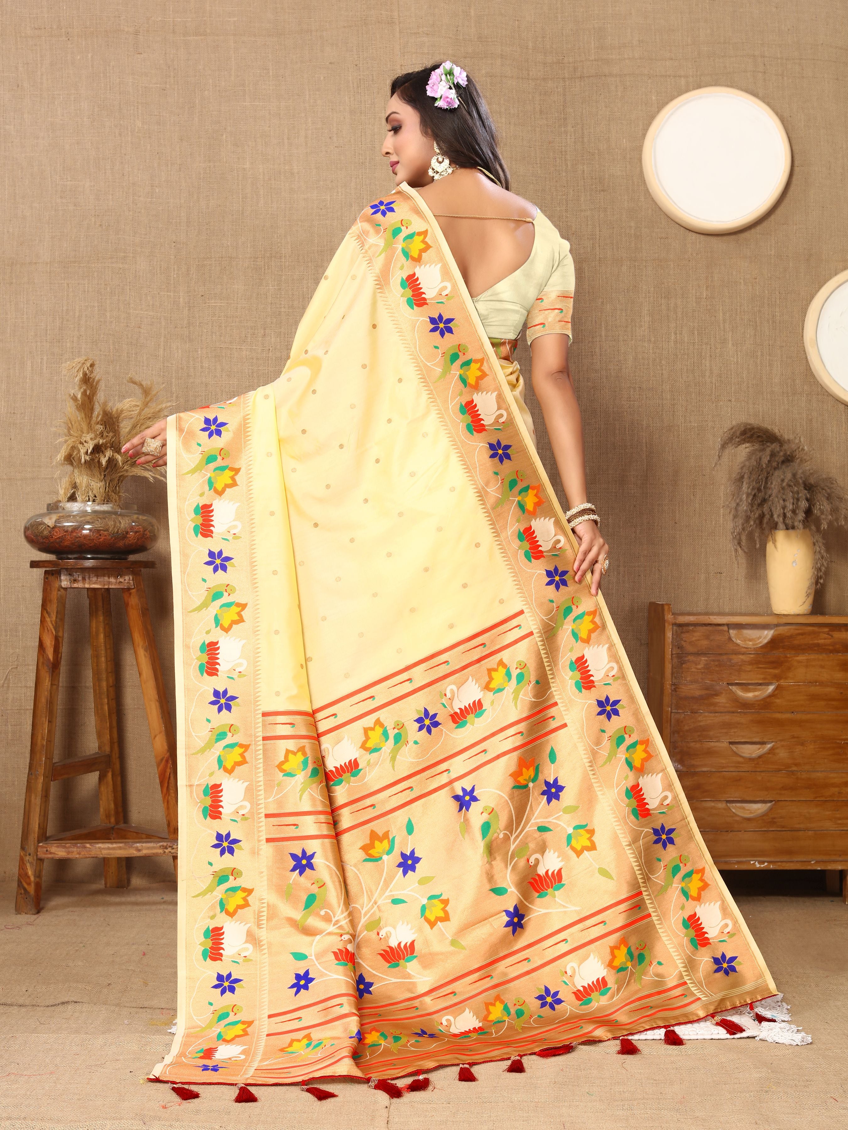 Light Yellow Paithani Silk Woven Meenakari Paithani Designer Saree