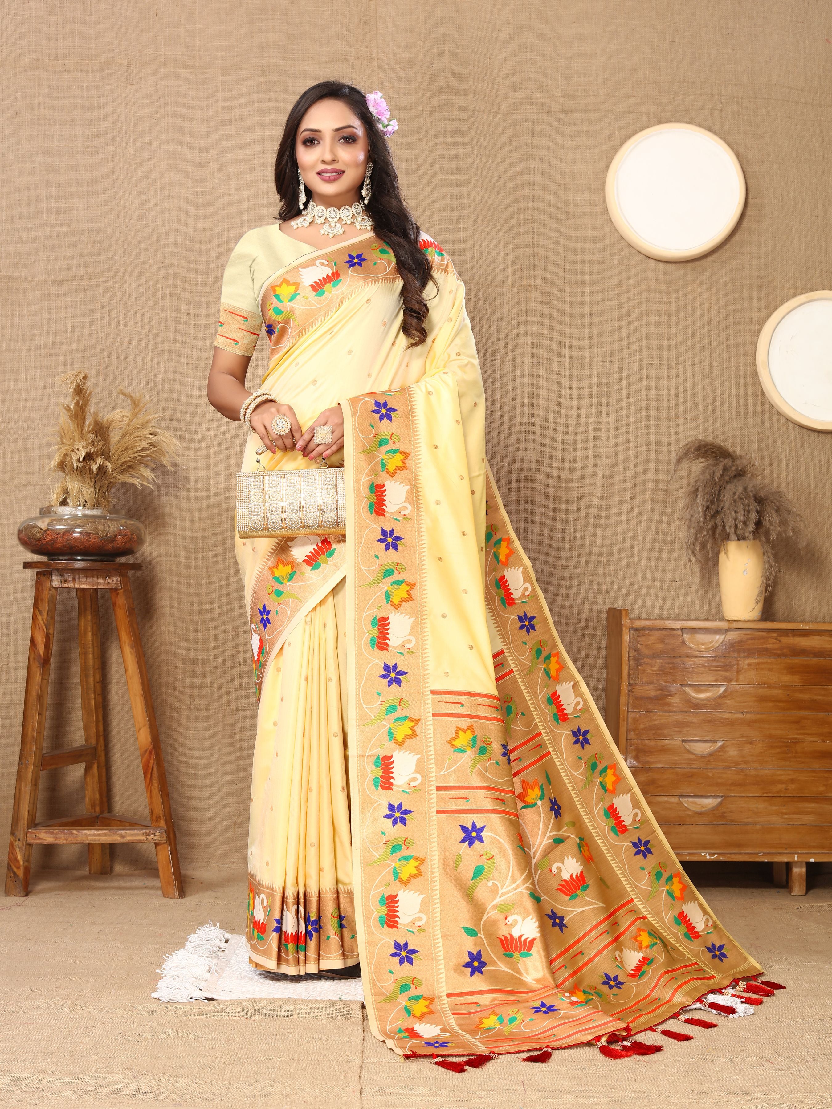 Light Yellow Paithani Silk Woven Meenakari Paithani Designer Saree
