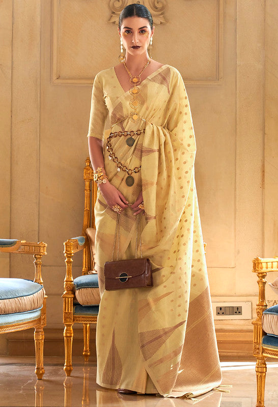 Light Yellow Tissue Saree With Jacquard Woven Work
