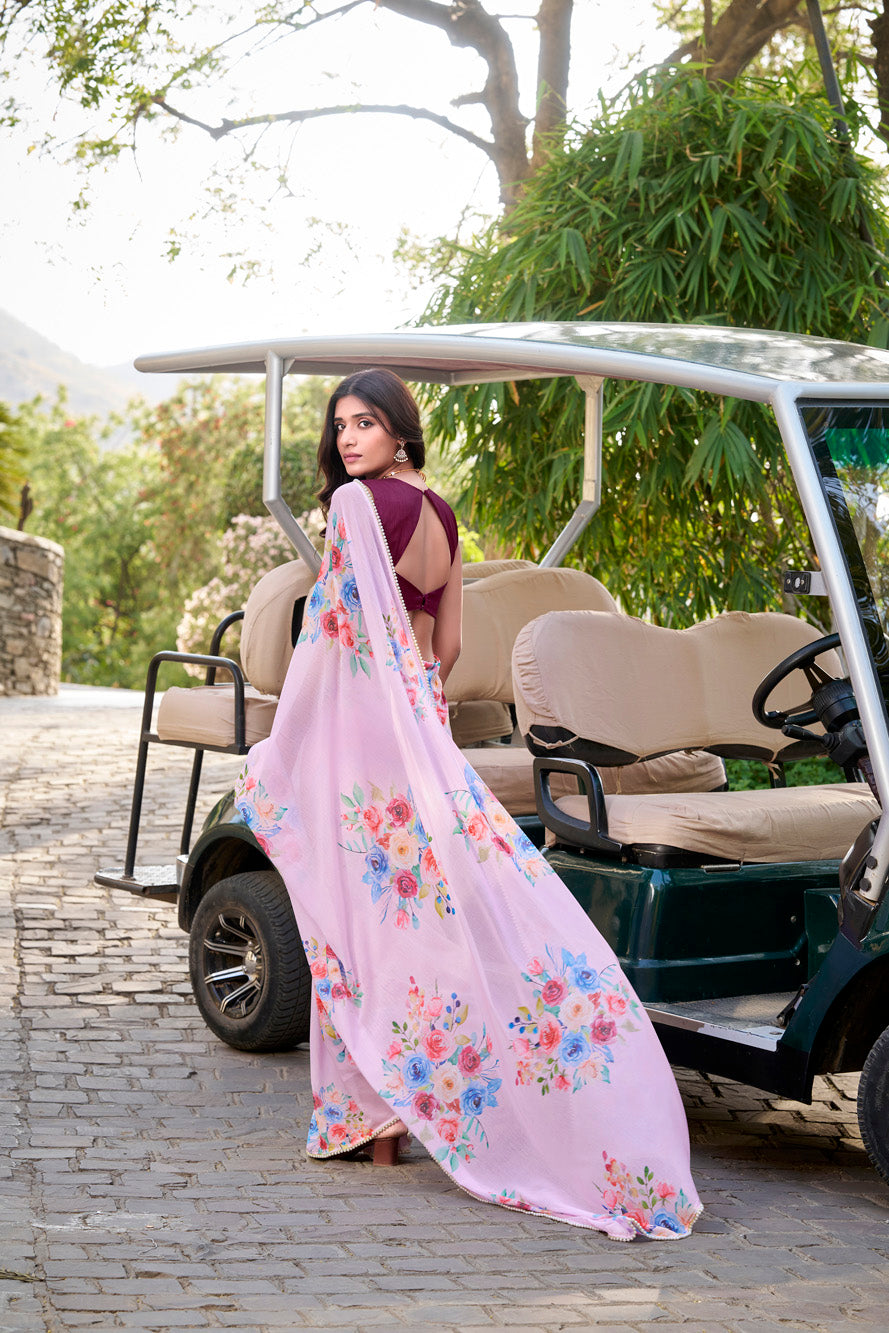 Light pink Floral Marble Saree with Lace Border