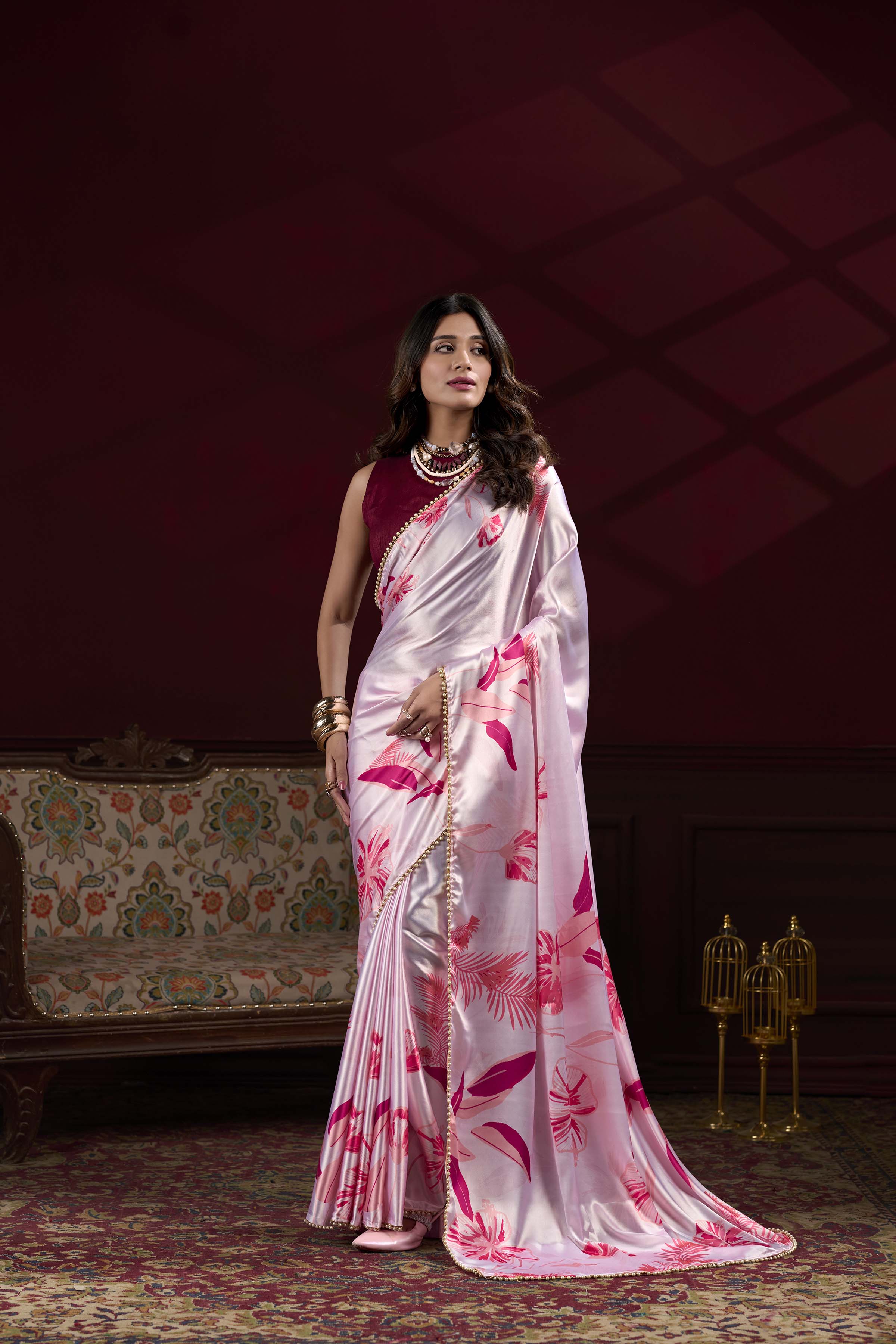 Light pink Floral Printed Satin Silk Saree with Pearl Lace Border
