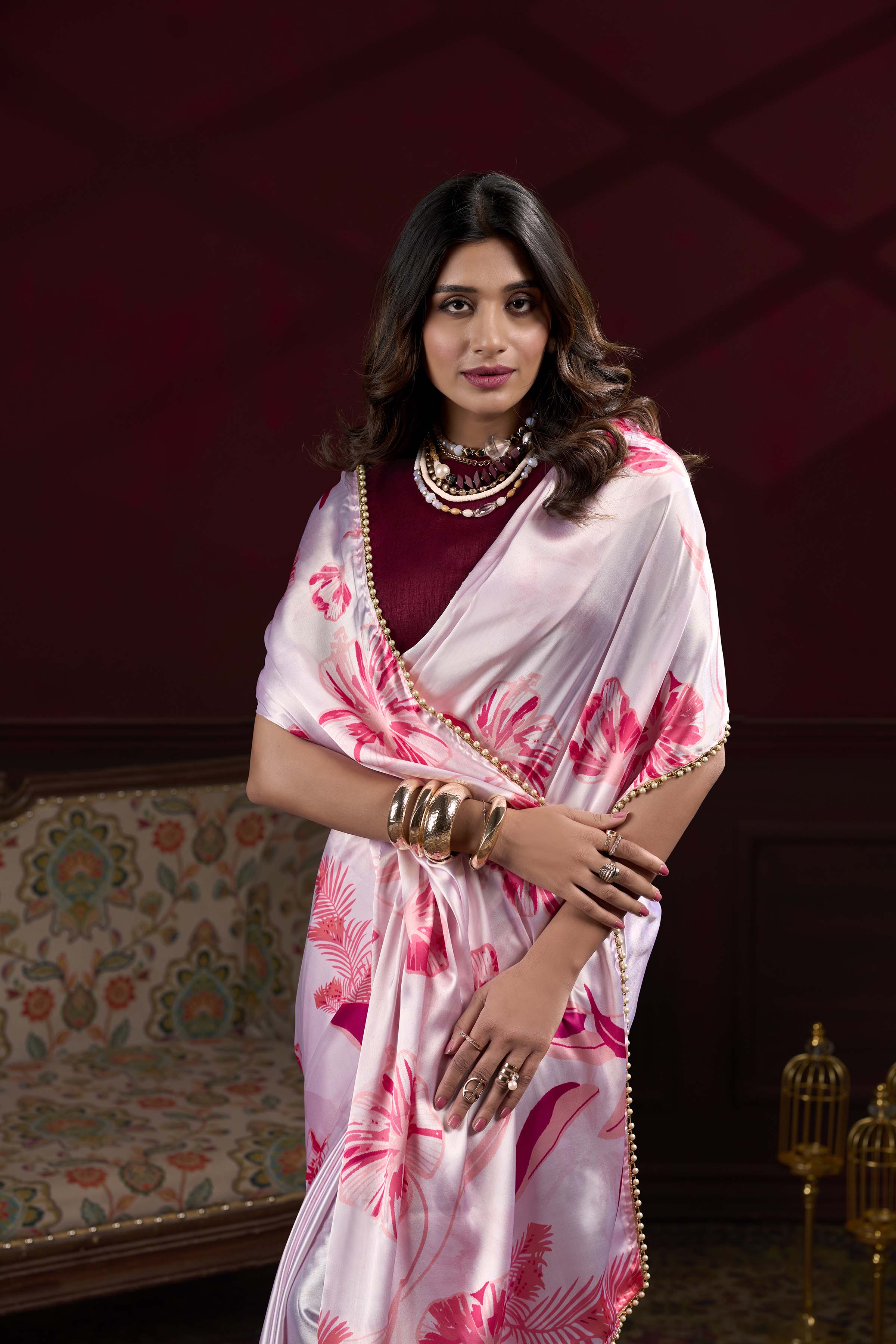 Light pink Floral Printed Satin Silk Saree with Pearl Lace Border