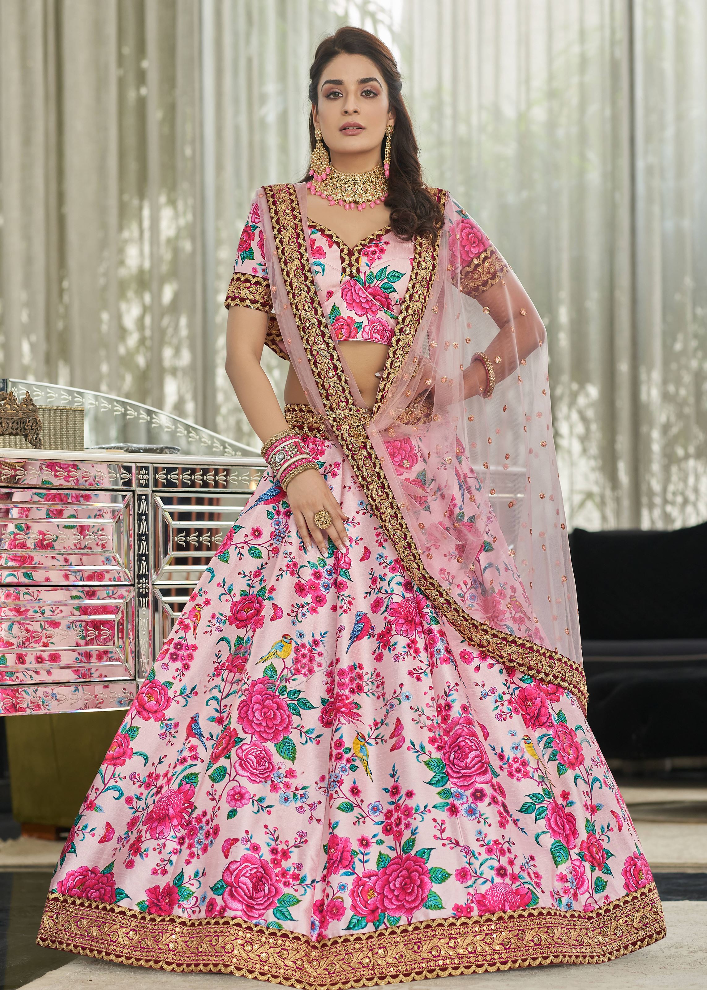 Light pink Lehenga Choli With Digital Print With Dori, Sequins And Stone Work