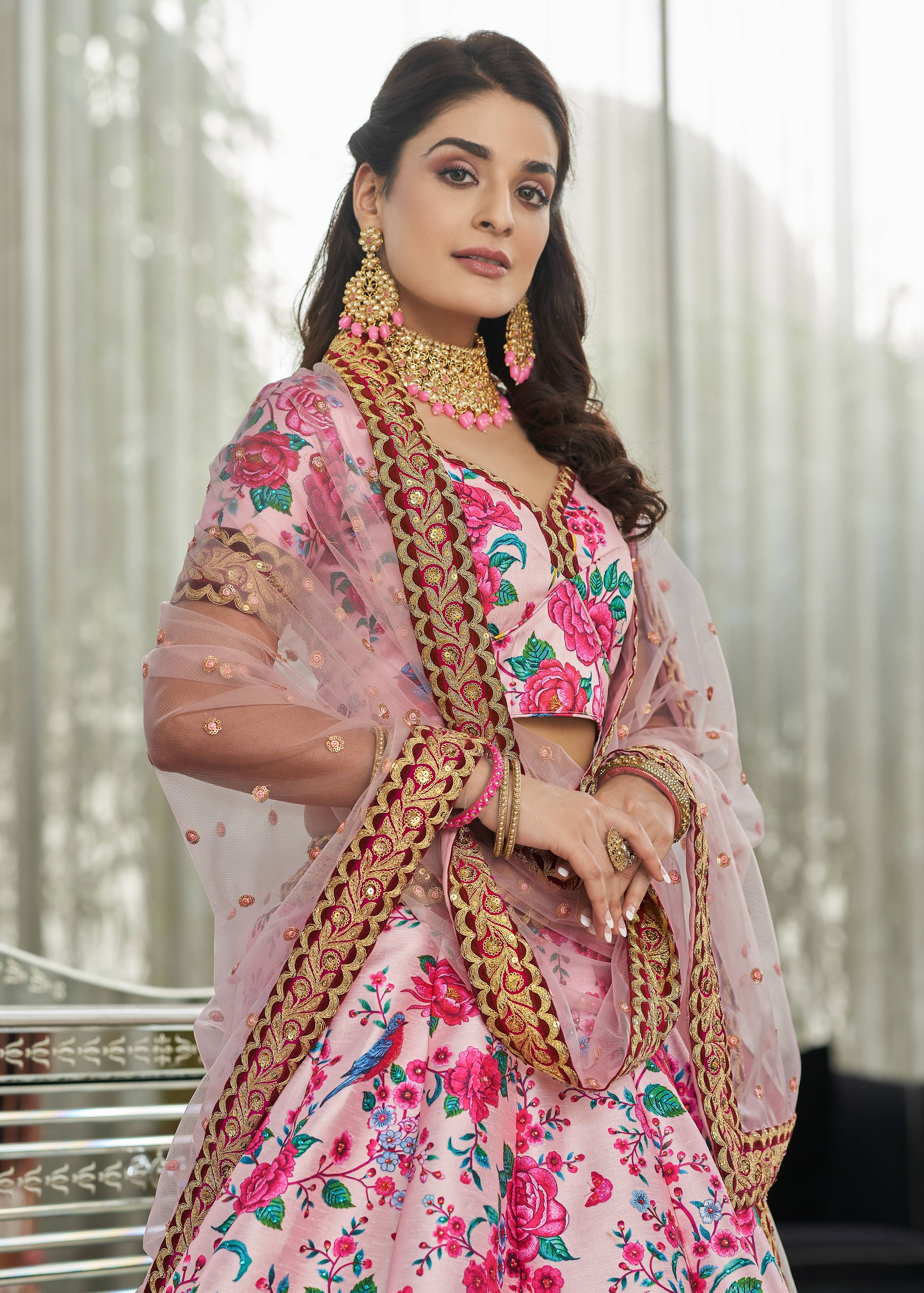 Light pink Lehenga Choli With Digital Print With Dori, Sequins And Stone Work