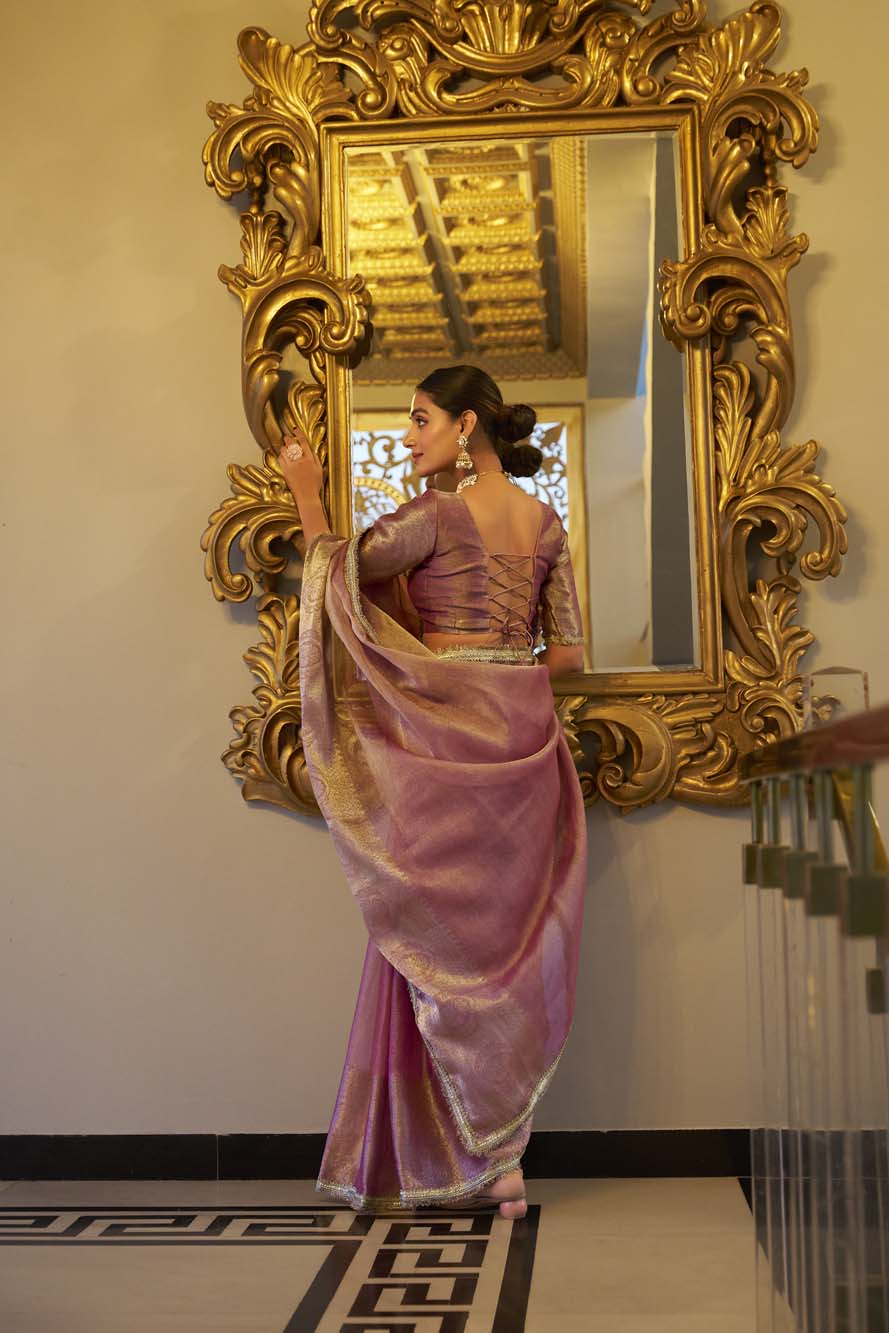 Light pink Tissue Shimmer Saree with Zari Weaving & Sequins Lace