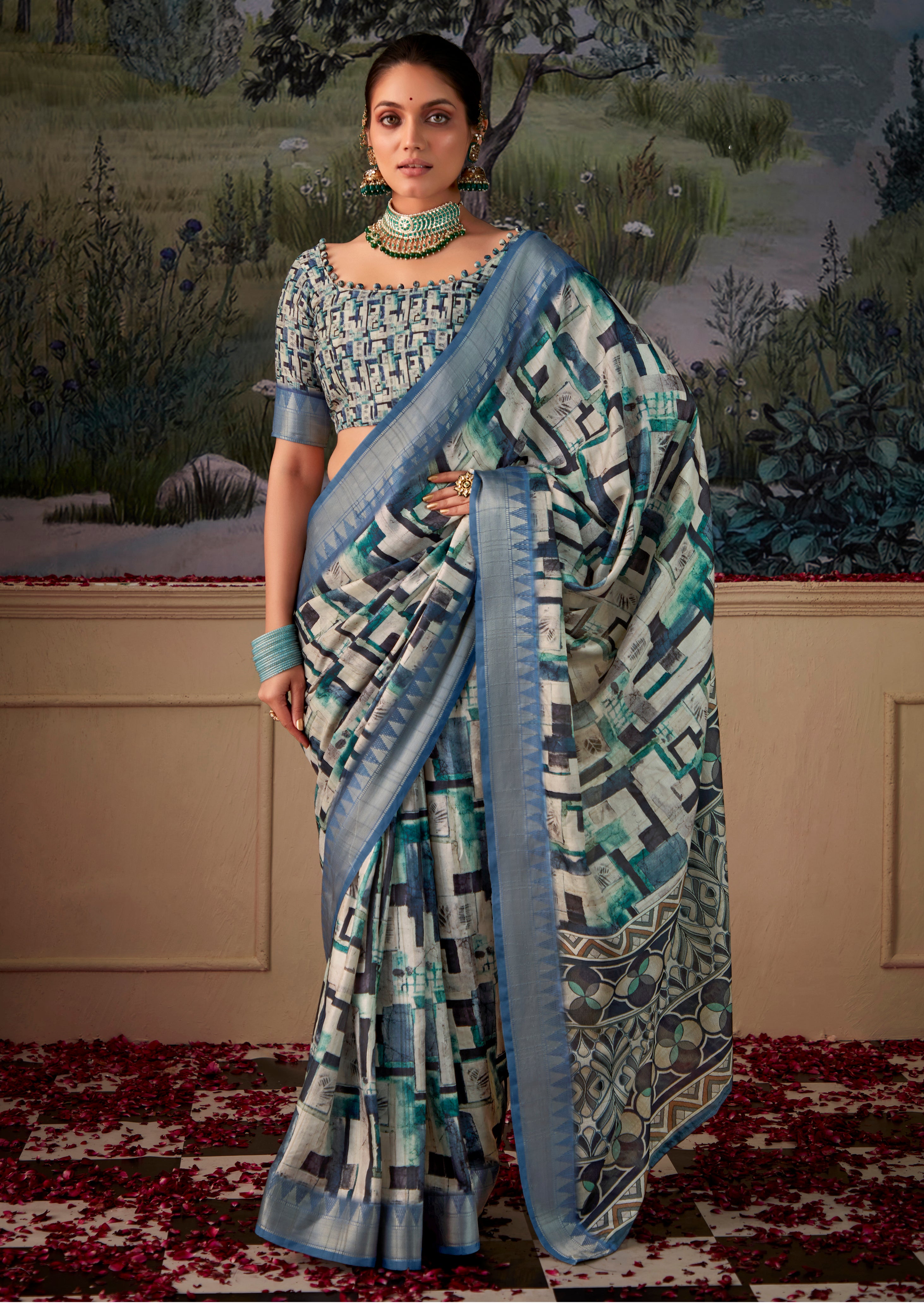 LigthBlue Tusser Silk Saree With Jacquard Woven with Digital Print