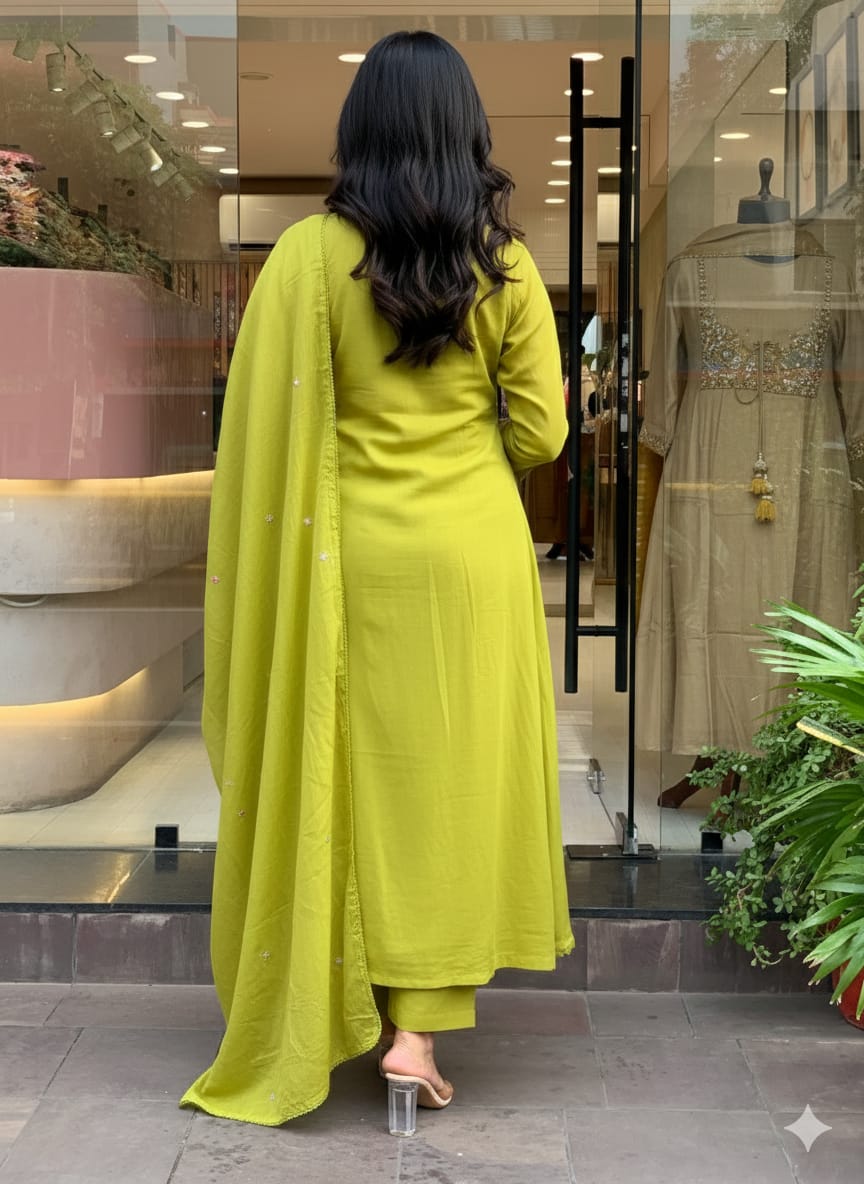 Lime Chanderi Silk Kurta Pant Set With Heavy Thread Embroidery Work